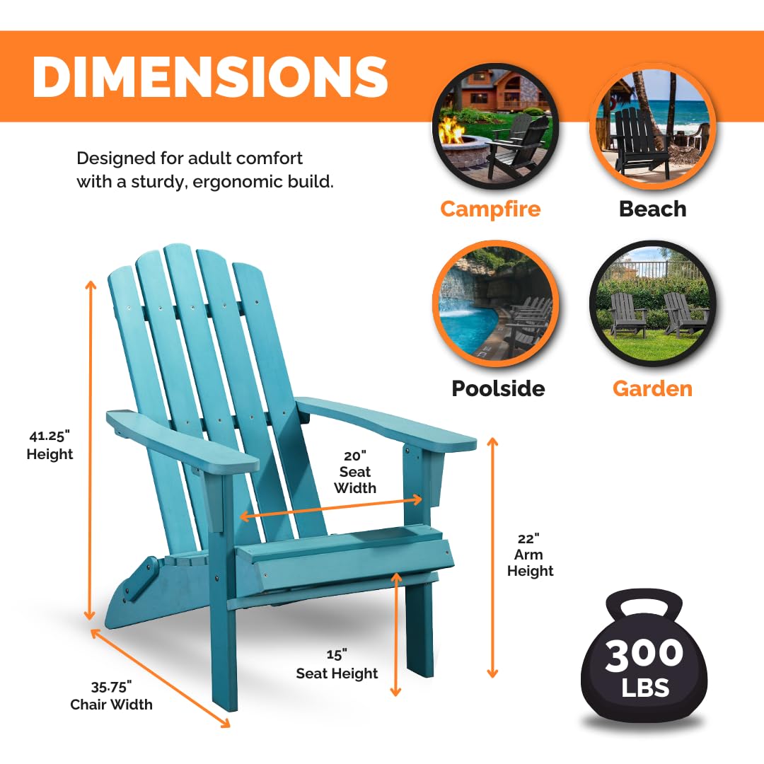 Premium Folding Adirondack Chair - 300 lb Capacity Weather-Resistant Poly Lumber Outdoor Patio Furniture - Classic Blue Plastic Chairs for Garden, Fire Pit & Backyard Relaxation