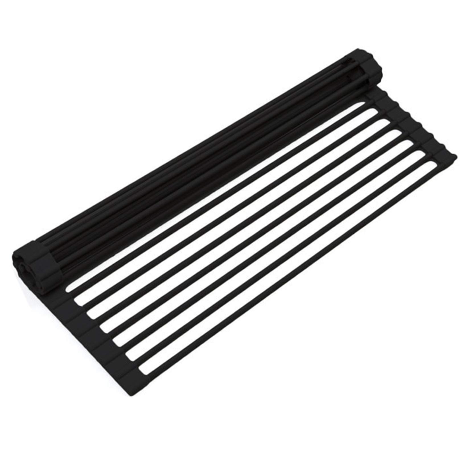 Stainless Steel Over Sink Dish Drying Rack - Collapsible Silicone Roll Up Drying Mat with Large Capacity, Adjustable & Multipurpose (21.5x12.75 Inches, Black) - Perfect for Kitchen Countertop, Dish Organizer & Space Saving Solution