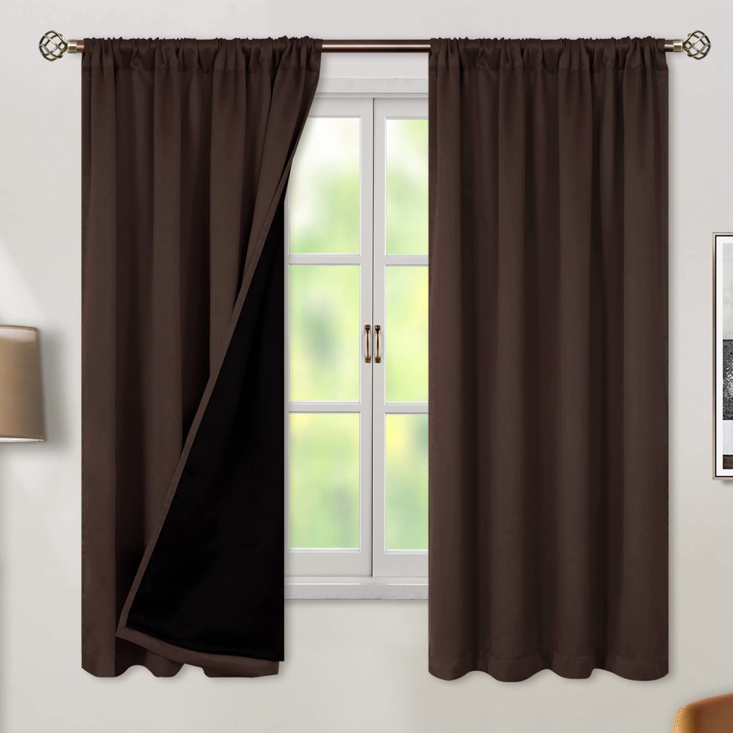 BGment Thermal Insulated Blackout Curtains - 100% Room Darkening, Noise Reducing, Double Layer with Black Liner - 52 x 63 Inch Brown Rod Pocket Curtains (Set of 2 Panels) for Bedroom, Living Room & Home Theater