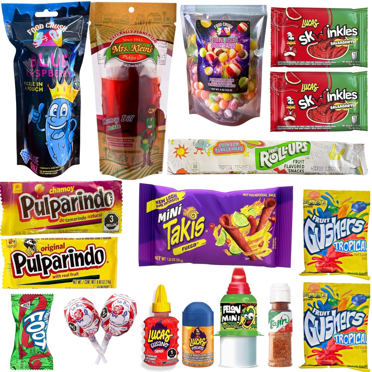 Blue Raspberry Chamoy Pickle Kit for 2 - Includes Freeze Dried Candy, Takis, Swinkles (17 pcs), Fruit Roll-Ups & Mexican Candy Lucas Gusano - Perfect for Parties, Movie Nights & Mexican Snack Lovers - by Food Crush