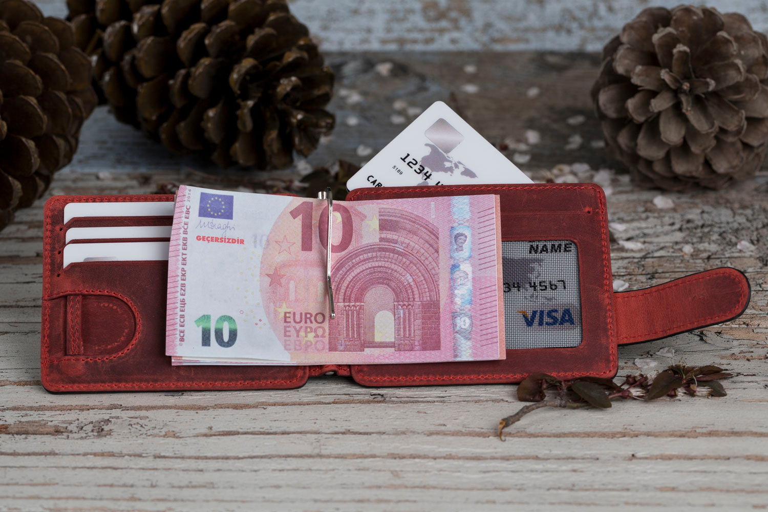 Genuine Full Grain Leather Bifold Wallet for Men - Red Two-Sided Design - Perfect for Everyday Use & Gift Giving