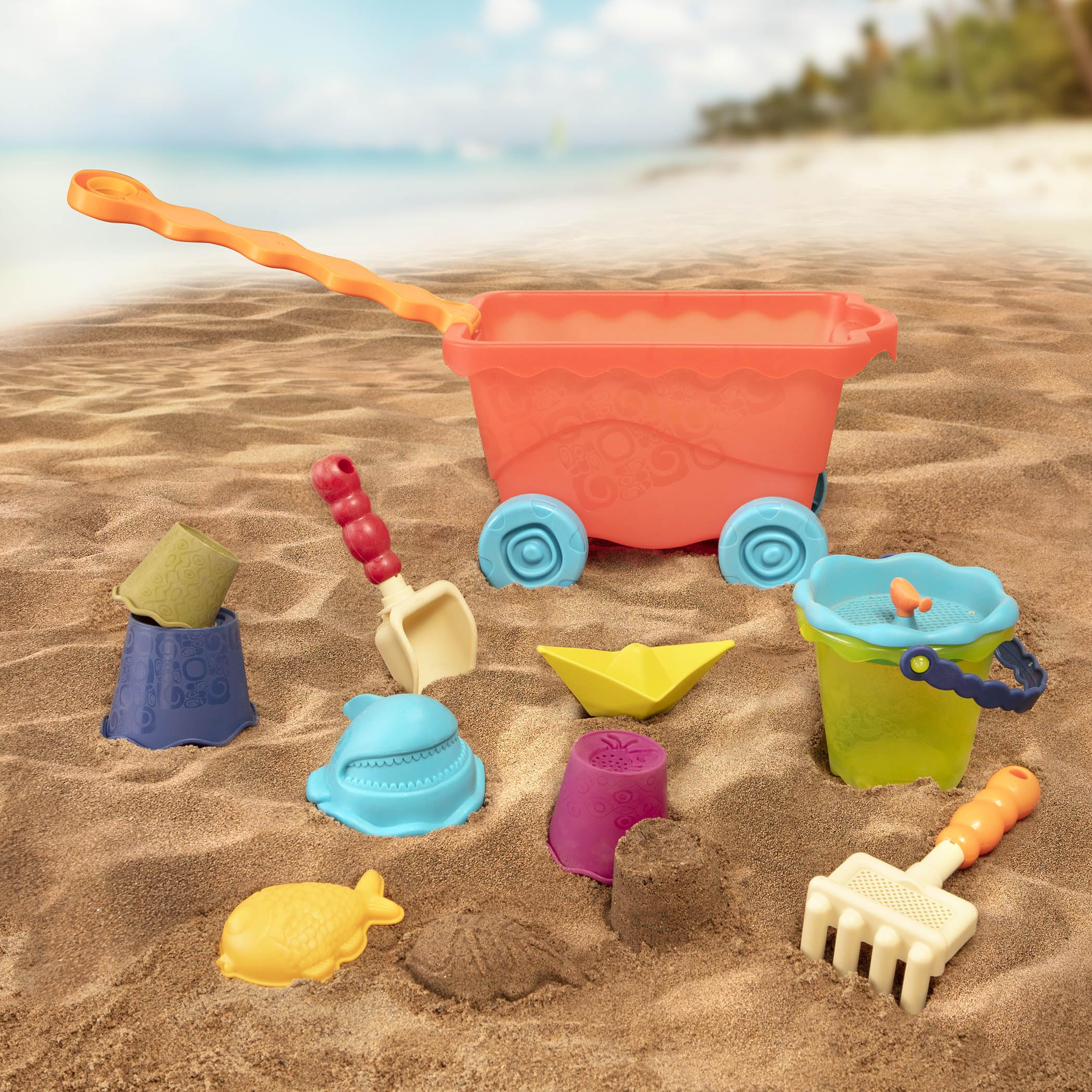 B. Toys Wavy-Wagon - 10-Piece Beach Sand Play Set for Toddlers & Kids Ages 18+ Months - Summer Outdoor Sandbox & Water Play Toys - Perfect for Beach Trips, Backyard Fun & Sensory Play (Red)