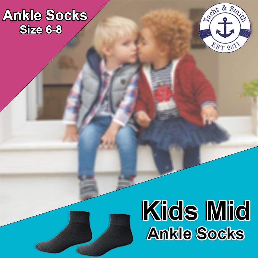 Yacht & Smith Wholesale Kids Cotton Mid Ankle Socks - Bulk Pack of 12 Pairs, Size 6-8, Breathable Sport Socks for Boys & Girls - Perfect for School, Running, and Daily Activities