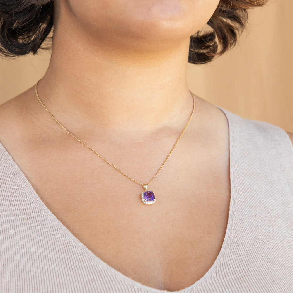 9ct Yellow Gold Amethyst and Diamond Pendant Necklace for Women - Elegant Purple Gemstone Jewelry Gift for Birthday, Anniversary & Special Occasions