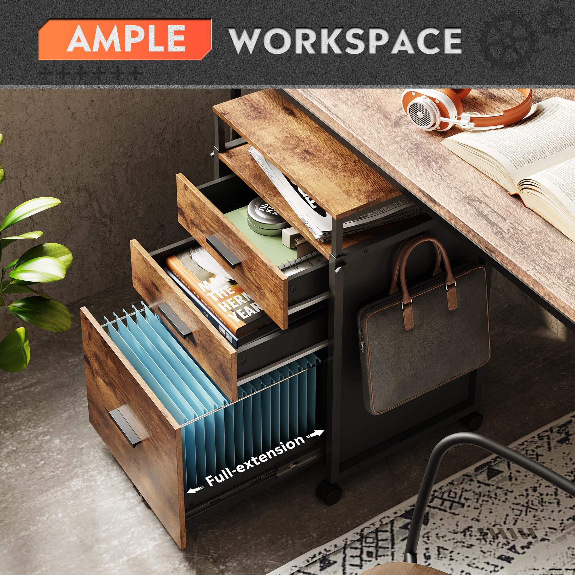 DEVAISE Rolling File Cabinet with Storage Drawers - Adjustable Shelves Wooden Printer Stand for Home Office - Rustic Brown Filing Cabinet | Perfect for Organizing Documents, Office Supplies & Printer Equipment in Small Spaces