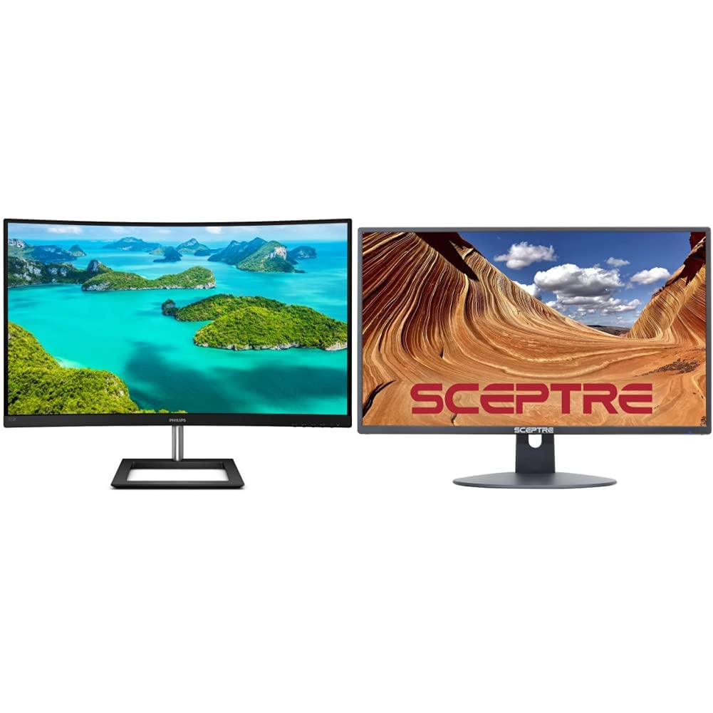 Philips 322E1C 32-inch Curved Frameless Computer Monitor & Sceptre E248W-19203R 24-inch Thin 1080p LED Monitor - Dual HDMI VGA, 75Hz Refresh Rate (Black/Silver & Machine Black) for Home Office, Gaming, and Professional Workspaces