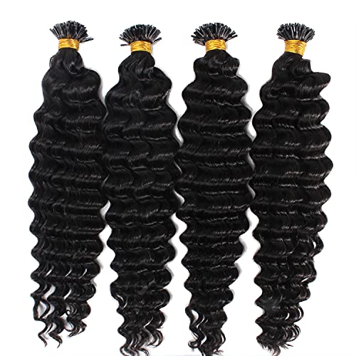 Brazilian Remy Human Hair Extensions - 100g 16inch Deep Wave Curly I-Tip Hair with Keratin Bonds (100 Strands, Dark Brown) for Natural Volume & Styling | Perfect for Weddings, Parties & Daily Wear