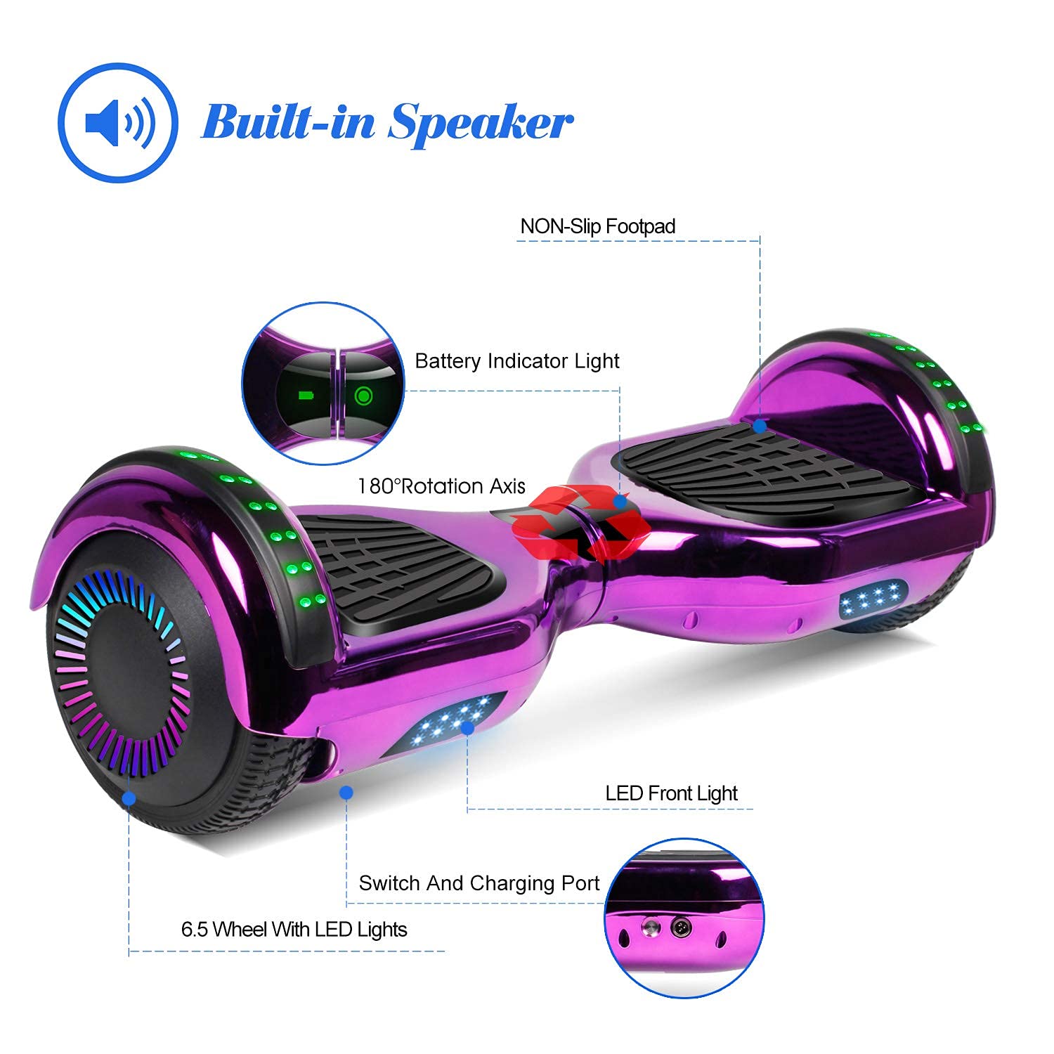 6.5 Inch Hoverboard with Bluetooth Speaker & LED Lights - Self Balancing Scooter for Kids & Adults - Perfect for Commuting, Indoor/Outdoor Fun & Gift Giving