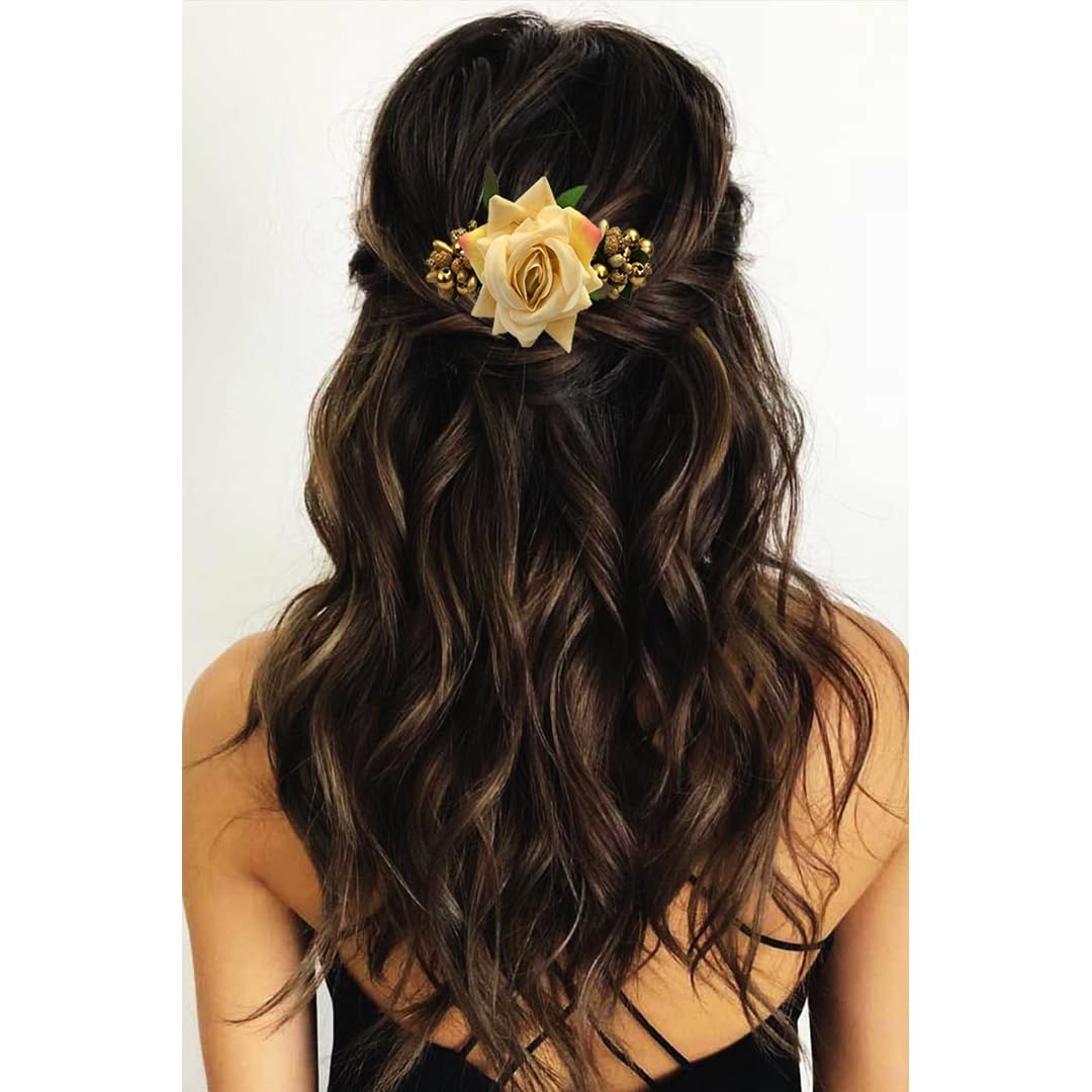 Ansh Women's Artificial Glossy Rose Flower Hair Clip with Stone Design & Pearls - Bridal Hair Accessories for Weddings, Parties & Special Occasions (Peach, Pack of 1)