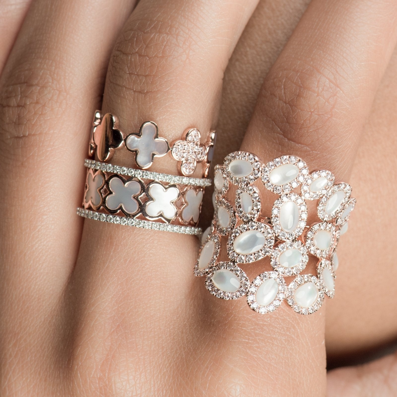 14k Rose Gold Oval Mother of Pearl & Diamond Cluster Full Finger Ring for Women - Elegant Bridal, Anniversary, or Evening Wear Jewelry Gift