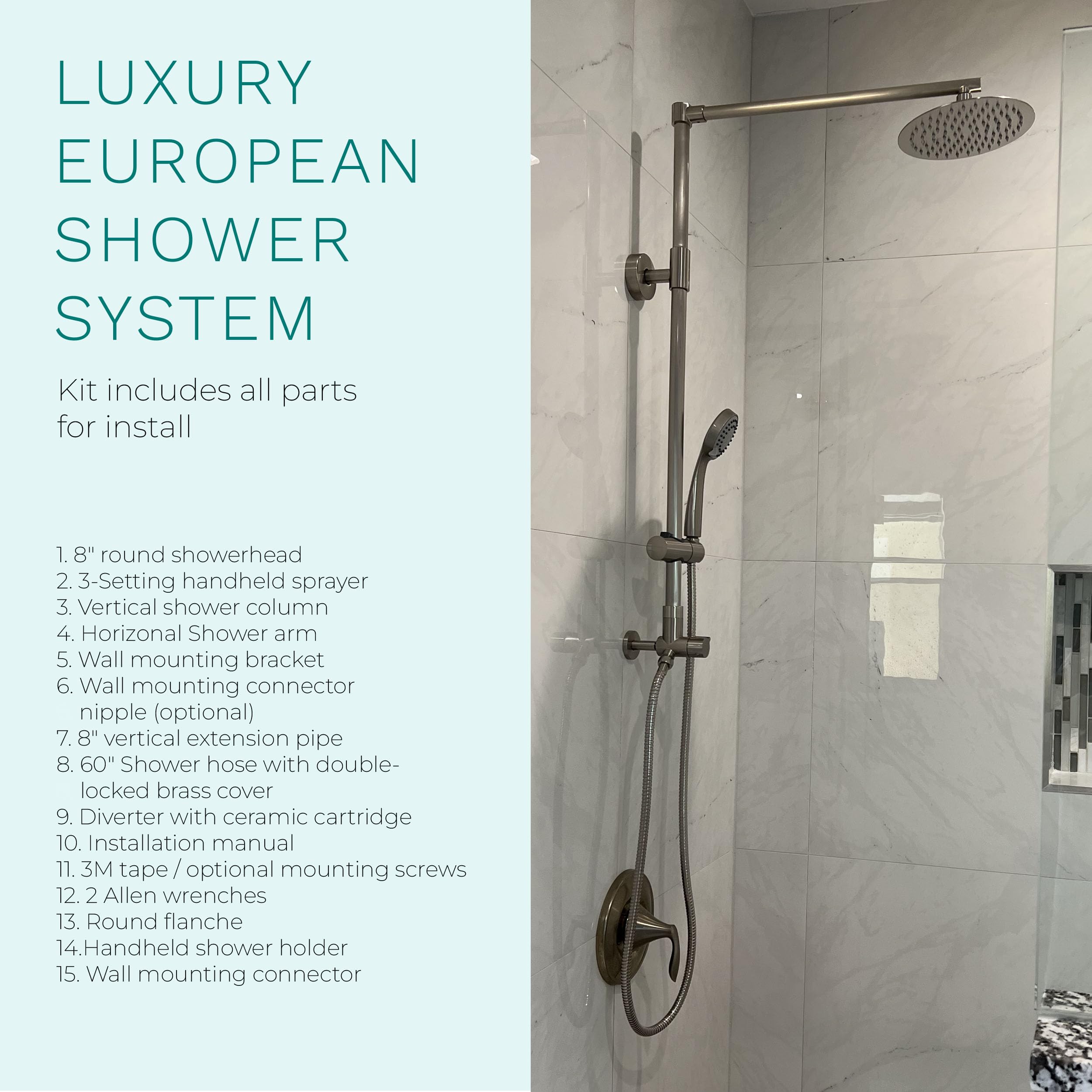 Polaris 3 Retrofit Rain Shower System - 3-Setting Handheld Shower Combo with Adjustable Slide Bar, 8 Inch Low Profile Shower Head (2.5 GPM, Brushed Nickel Finish) for Bathroom Renovation & Spa-Like Shower Experience