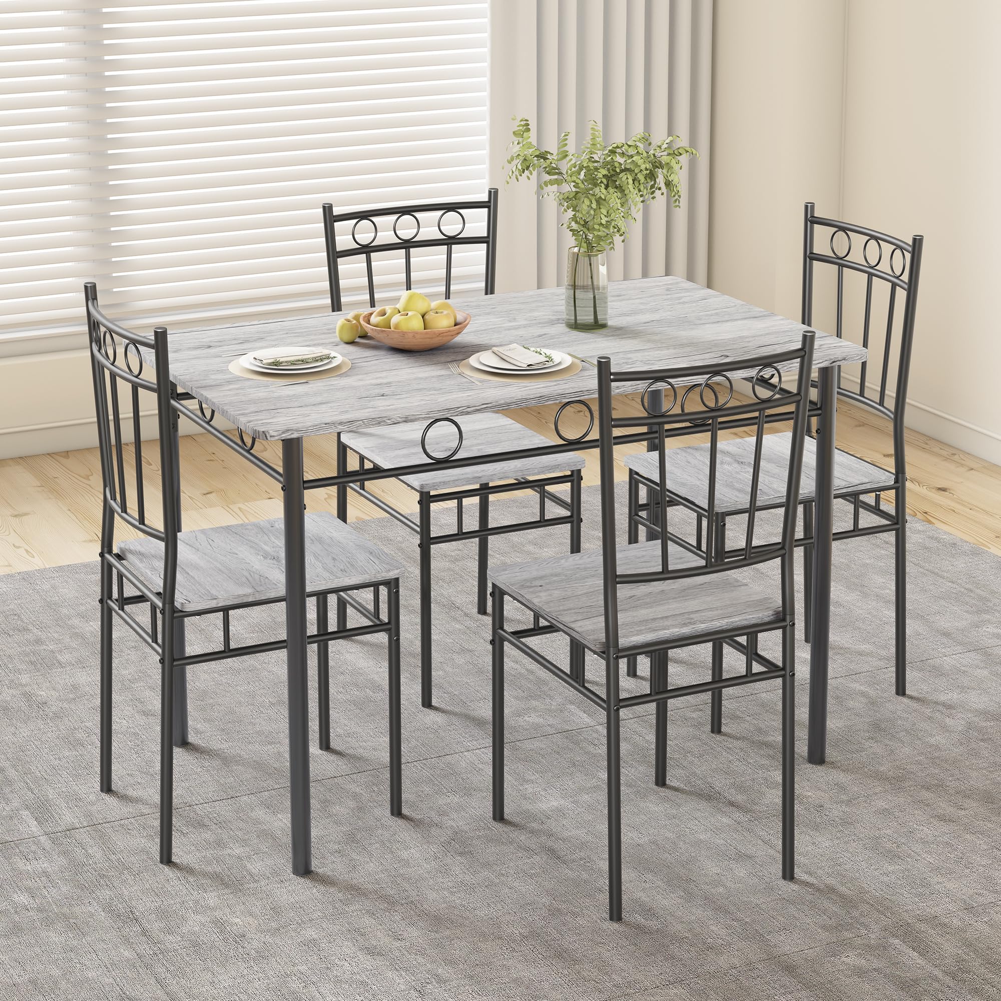 5-Piece Retro Grey Dining Table Set for 4 - Space-Saving Rectangular Kitchen Table with 4 Chairs - Perfect for Small Spaces, Apartments & Dinettes | Ideal for Family Meals, Dinner Parties & Cozy Breakfasts
