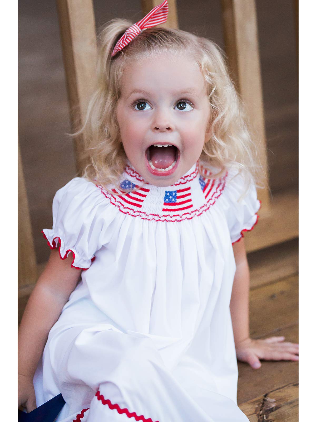 Hand-Smocked American Flag Baby Girl Dress - White Patriotic Toddler Outfit for Independence Day & USA Holidays | Perfect for 4th of July Celebrations, Memorial Day & National Events