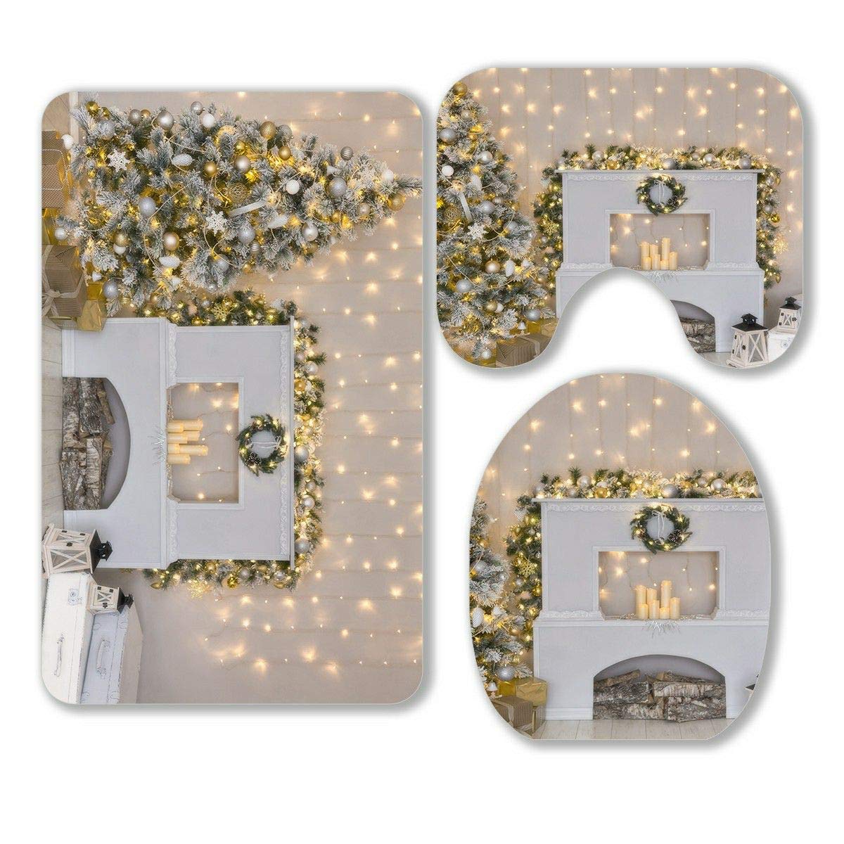 ECZJNT 3-Piece Christmas Tree Bathroom Rug Set - Non-Slip Contour Mat & Toilet Lid Cover for Holiday Decor, Fireplace & Festive Bathroom Decorations - Perfect for Christmas Home Decor & Guest Bathrooms