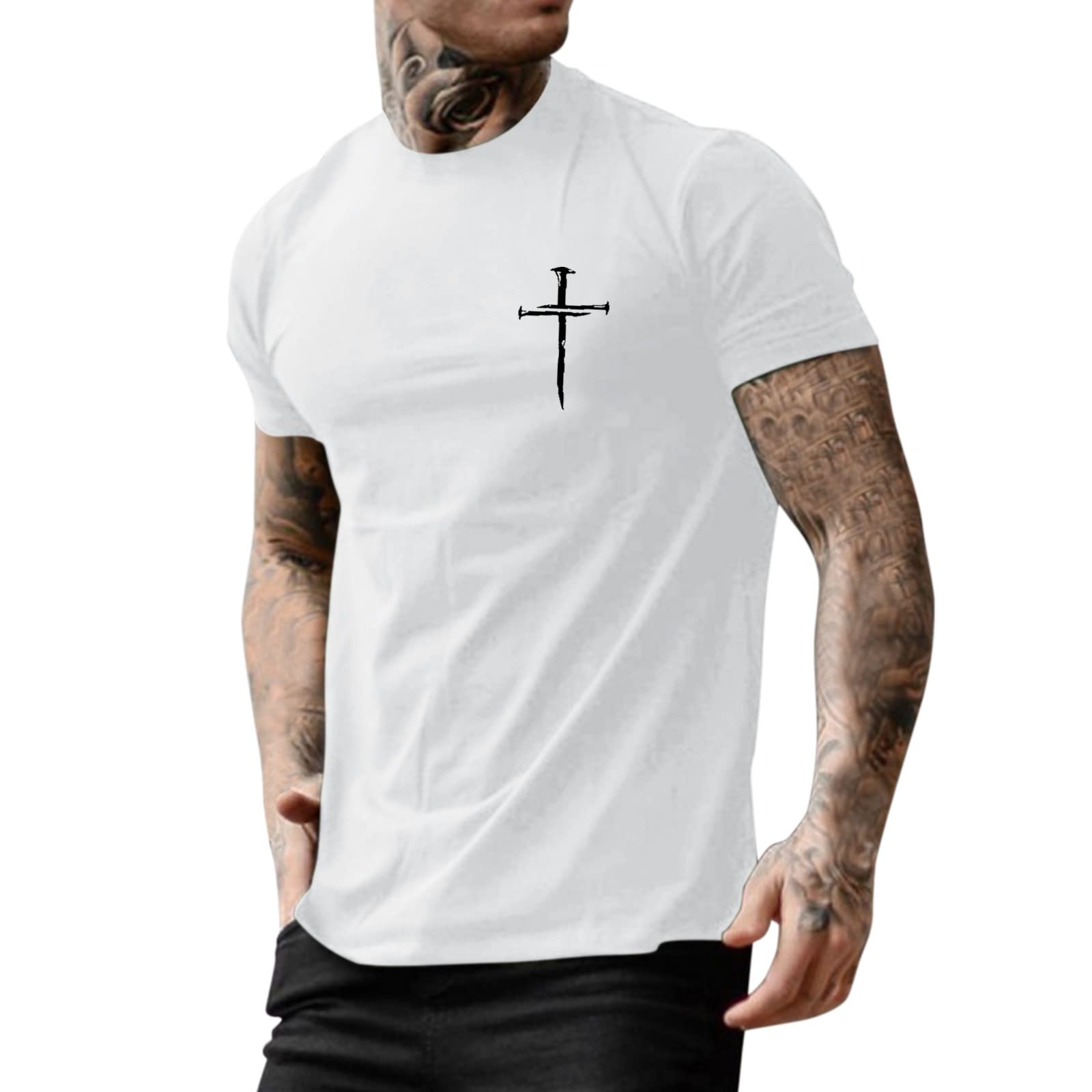 BEUU 2022 New Summer Men's Slim Fit Short Sleeve T-Shirt with Jesus Cross Print - Casual Crewneck Tee for Everyday Wear, Street Style & Summer Outfits