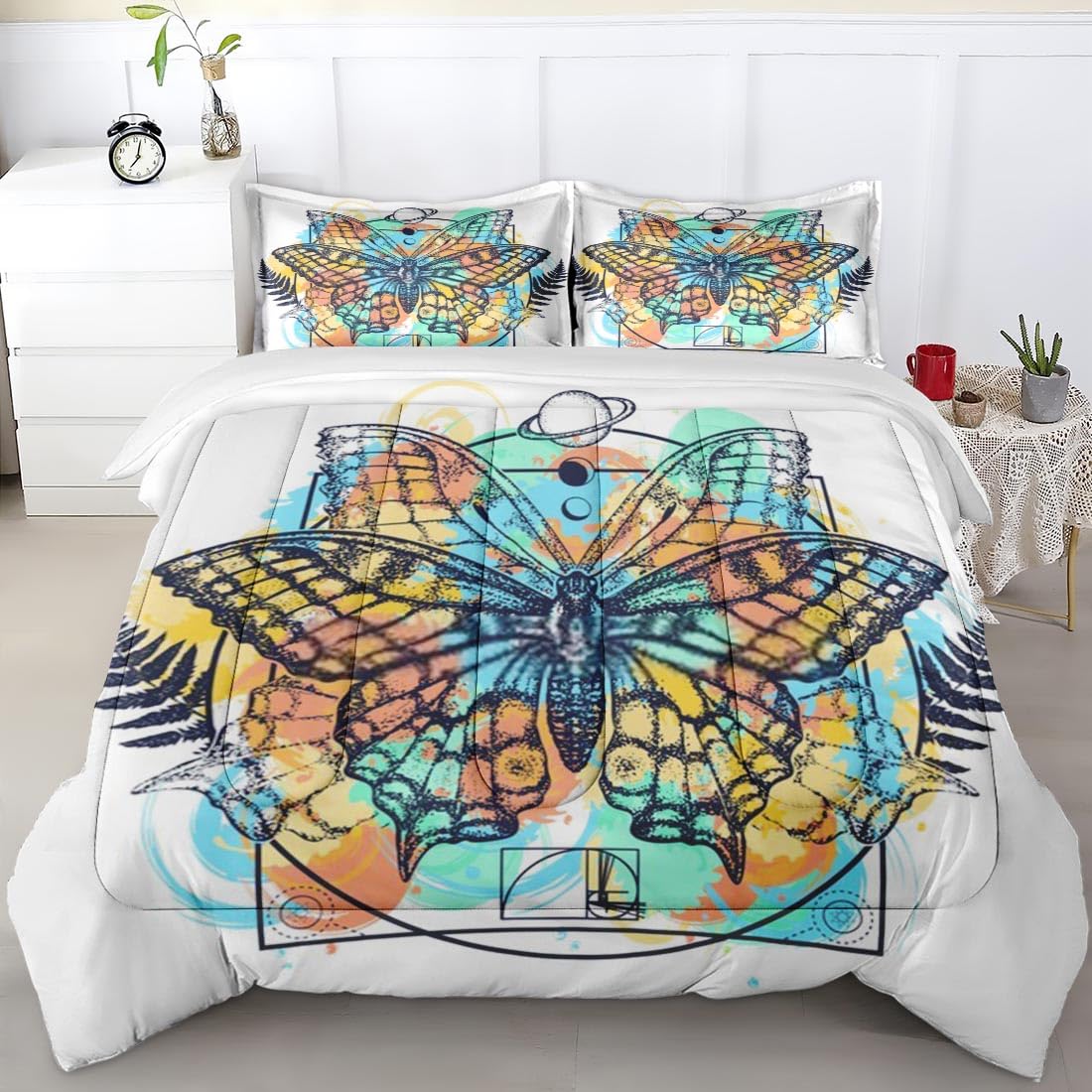 Full Size Comforter Set - Butterfly Adventure Gothic Hippie Bedding for Kids & Adults | Fern Moon Golden Design with 2 Pillowcases | Perfect for Bohemian Bedroom Decor & Teen Room Makeover