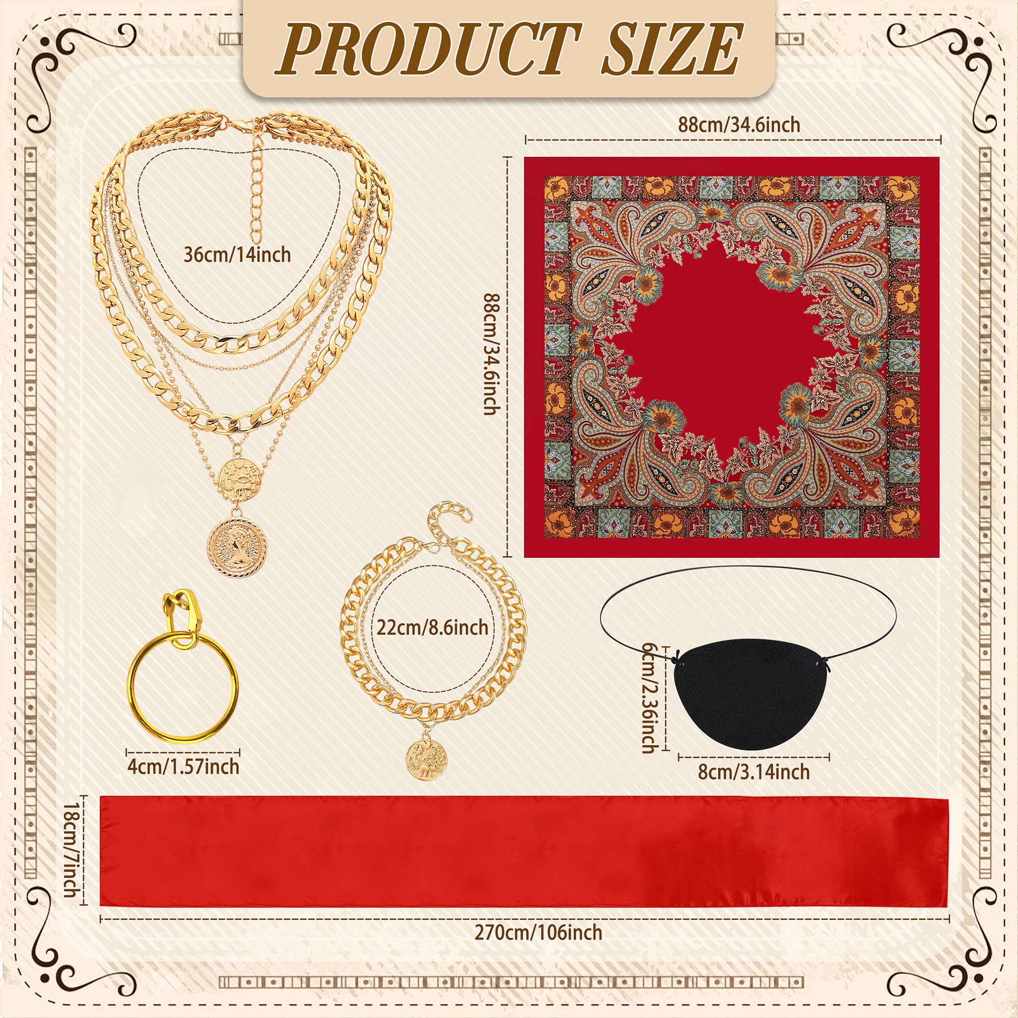 Women's Pirate Costume Accessories Set - 6PCS Captain Pirate Bandana, Head Scarf, Sash & Necklace for Halloween, Cosplay & Themed Parties