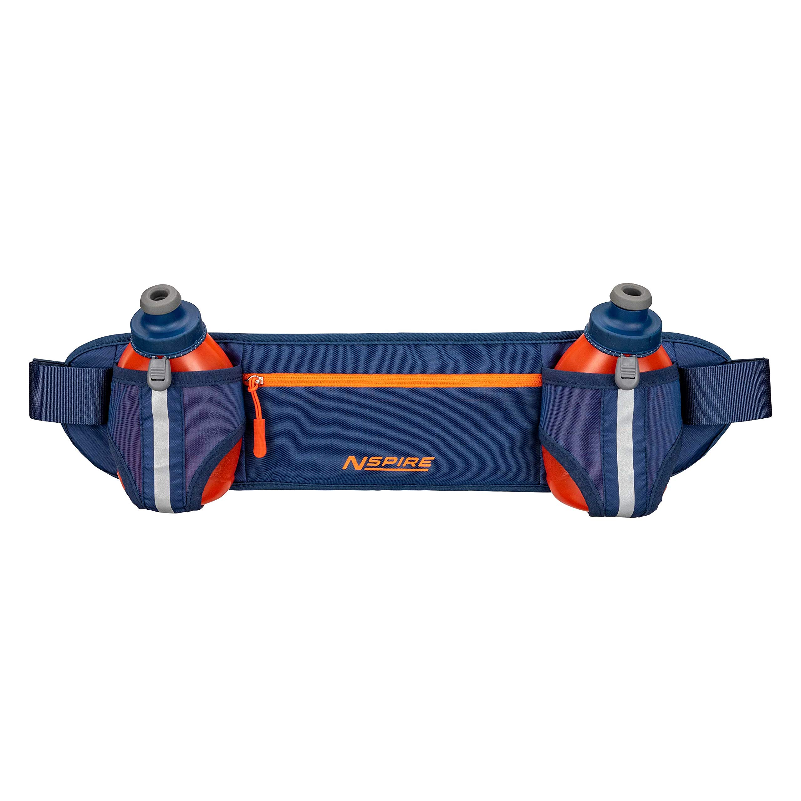 Dual Bottle Hydration Belt for Running & Hiking - Adjustable Waist Pack with 2 Water Bottles & Storage Pocket for Phone, Keys, Snacks - Perfect for Marathon Training, Outdoor Adventures (Navy/Tigerlily)