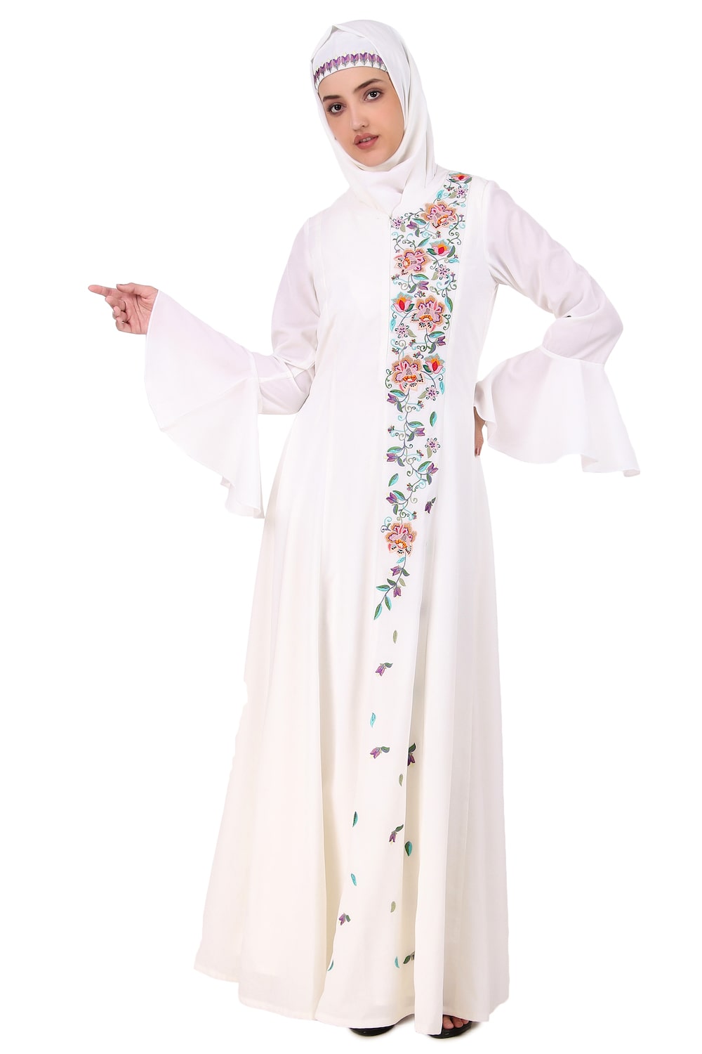 Hand Embroidered Princess Seam White Abaya - Elegant Muslim Prayer Dress for Women | Perfect for Eid, Ramadan & Special Occasions