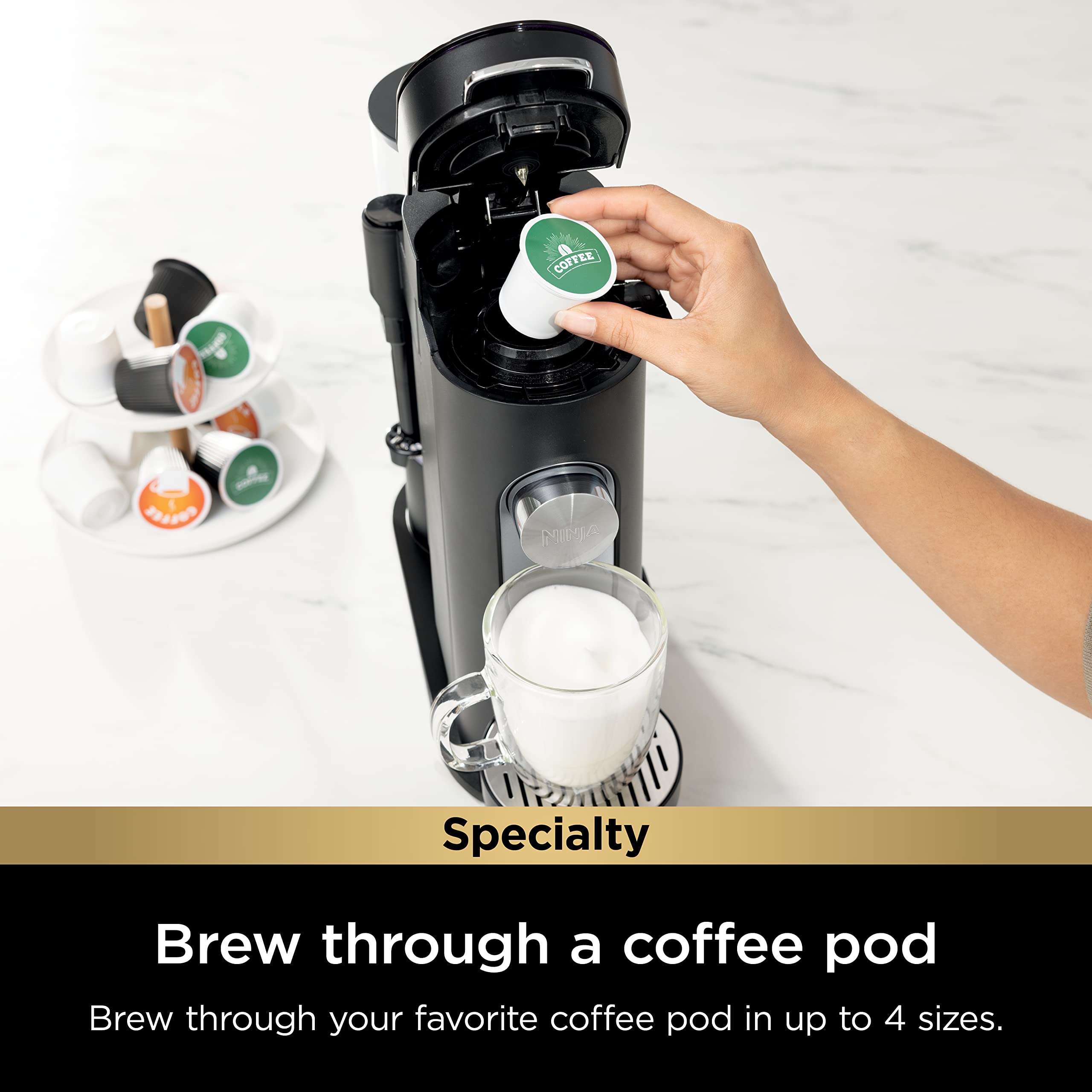 Ninja Specialty Single-Serve Coffee Maker with Built-In Milk Frother - K-Cup Pod & Ground Coffee Compatible - Compact Design for Small Spaces - 56oz Water Reservoir - Brews 6oz to 24oz Cups - Perfect for Home, Office & Dorm Use - Black (Model PB051)
