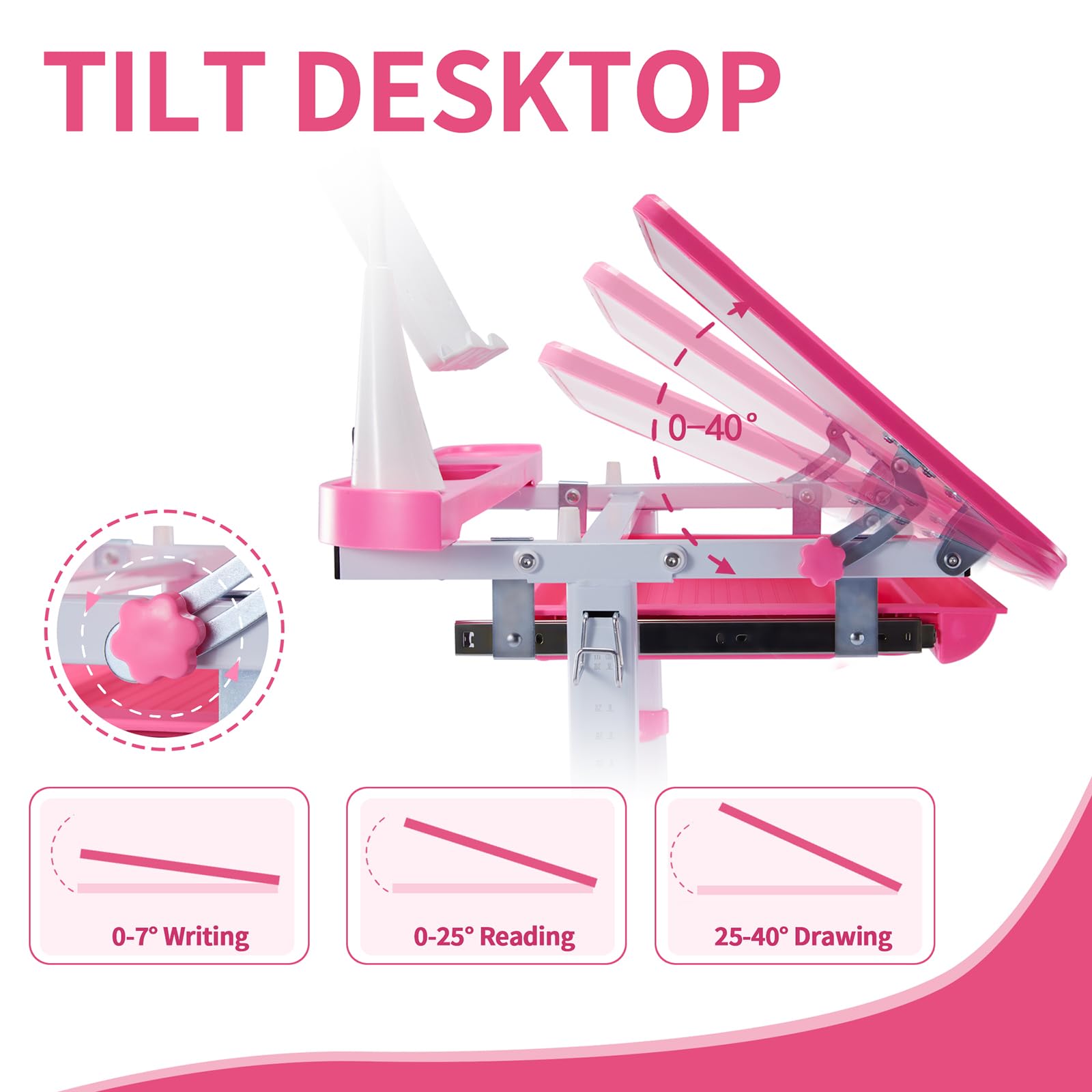 Diroan Adjustable Kids Study Desk and Chair Set - Ergonomic Height Adjustable Children's Desk with Tiltable Desktop, Book Stand, LED Light, Storage Drawer & Metal Hooks - Perfect for Homework, Reading & Online Learning (Pink)