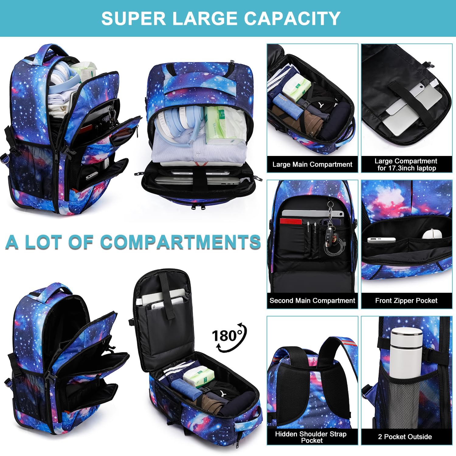 17 Inch Wheeled Laptop Backpack for College - Water Resistant Rolling School Backpack with Wheels, Large Roller Bookbag for Travel, Hiking & Carry On Luggage - Galaxy Blue | Perfect for Students, Business Trips & Outdoor Adventures