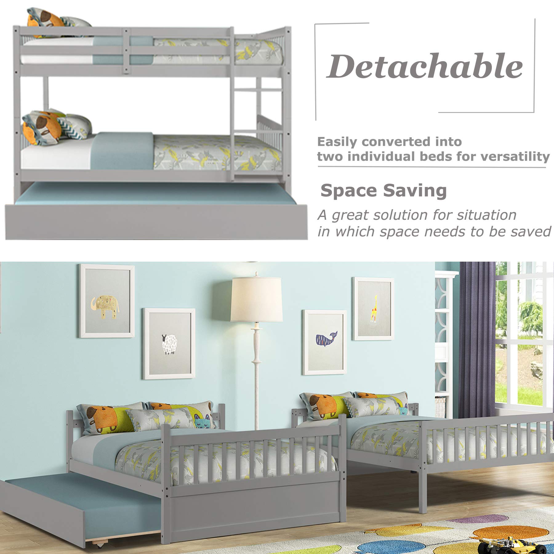 Full Over Full Bunk Bed with Trundle - Converts to 2 Full Size Platform Beds - Sturdy Ladder & Safety Rails for Teens & Adults - Modern Grey Finish - Perfect for Small Spaces, Guest Rooms & Dormitories