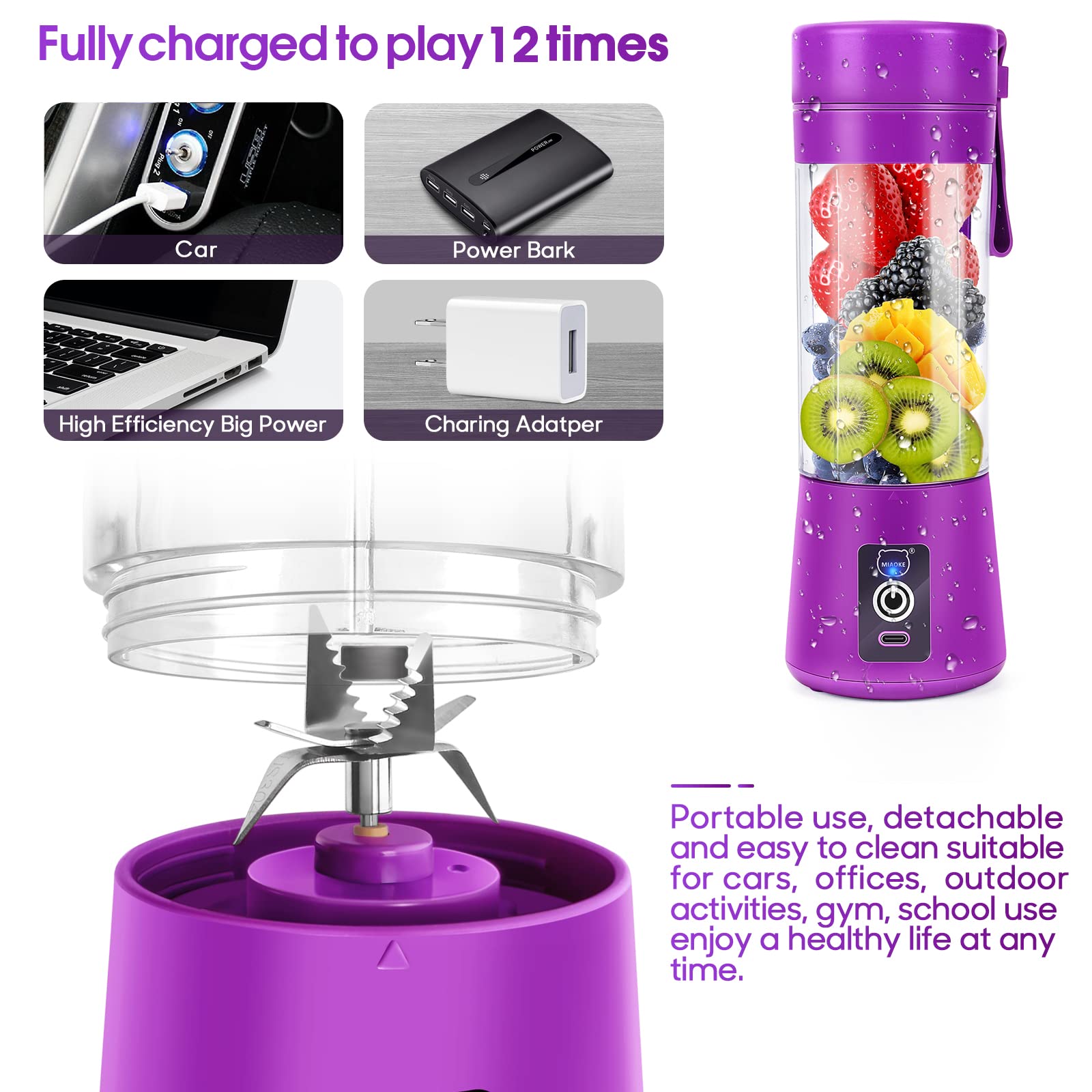 Portable USB Rechargeable Mini Blender - MIAOKE 3D 6-Blade Personal Smoothie Maker for Juice, Shakes & Drinks - Perfect for Home, Office, Gym & Travel - Dark Purple