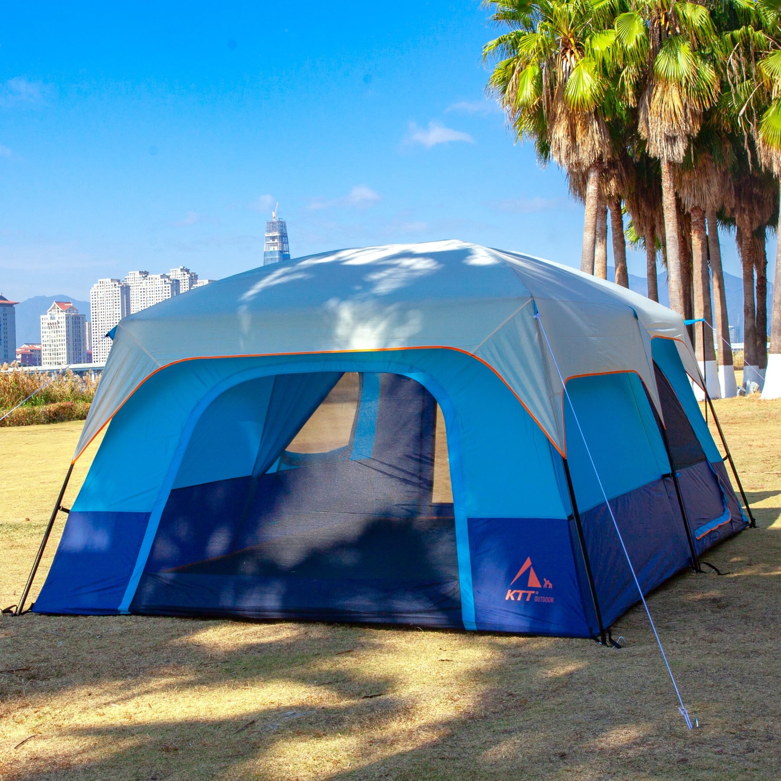 KTT Extra Large Family Cabin Tent for 10-12-14 People - 2 Rooms, 3 Doors & 3 Windows with Mesh, Straight Wall Design, Waterproof Double Layer - Perfect for Camping, Picnics, Outdoor Adventures & Family Gatherings