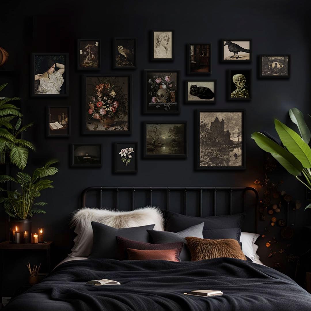 16 PCS Dark Academia Room Decor Set - Gothic Home Wall Art Prints, Moody Aesthetic Posters for Bedroom & Living Room - Witchy Collage Kit for Halloween Dorm Gallery (Perfect for Gothic Themed Rooms, Study Spaces & Halloween Party Decorations)