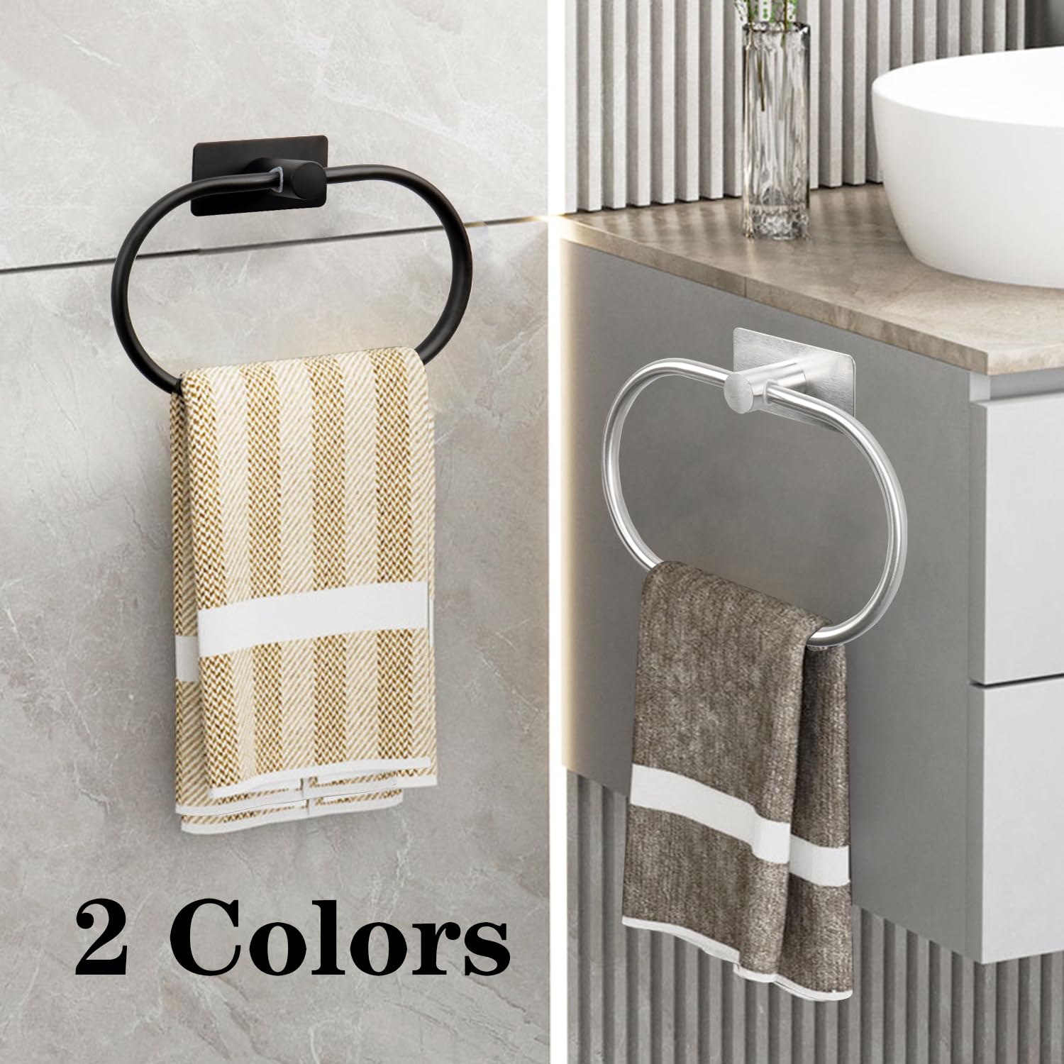 Stick-On Oval Towel Ring - No Drill Self Adhesive Hand Towel Holder - Thick 304 Stainless Steel Bathroom & Kitchen Towel Hanger - Matte Black - Perfect for Small Spaces & Rental Homes