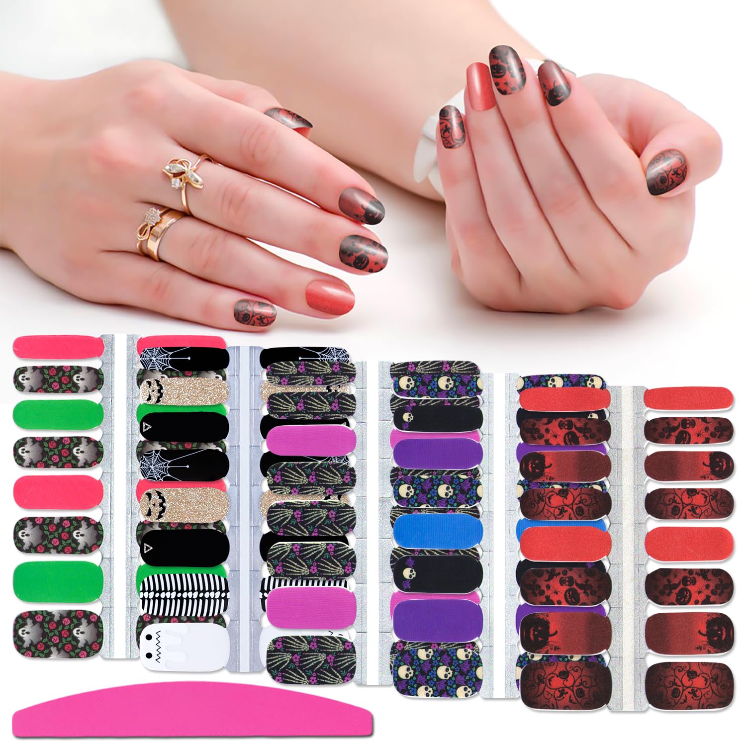 SILPECWEE Halloween Nail Wraps for Women - 5 Sheets Self Adhesive Nail Polish Strips with Skull & Ghost Designs, Includes 1 Nail File | Perfect for Halloween Parties, Costume Nails & Holiday Nail Art