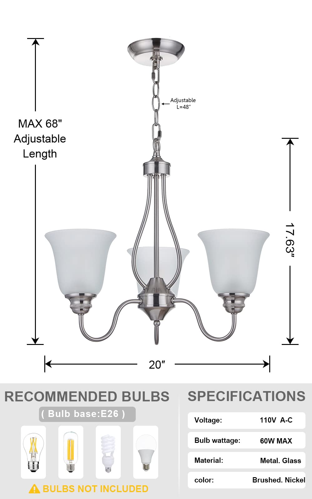 3-Light Brushed Nickel Chandelier - Classic Frosted Glass Ceiling Light Fixture for Dining Room, Living Room & Hallway | Energy Efficient LED Compatible (Bulbs Not Included) | Perfect for Home Decor, Office Meetings & Elegant Gatherings