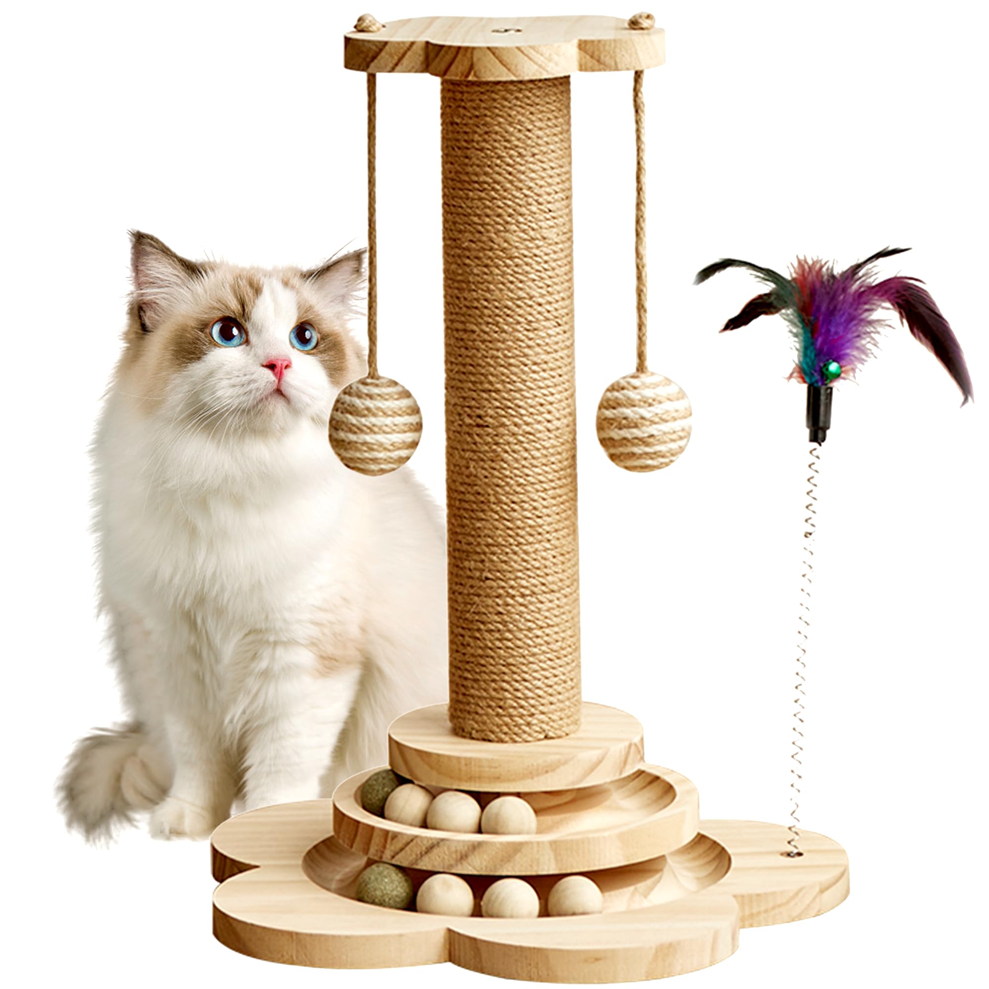 4-in-1 Wooden Cat Scratching Post with Interactive Toys - 17.7