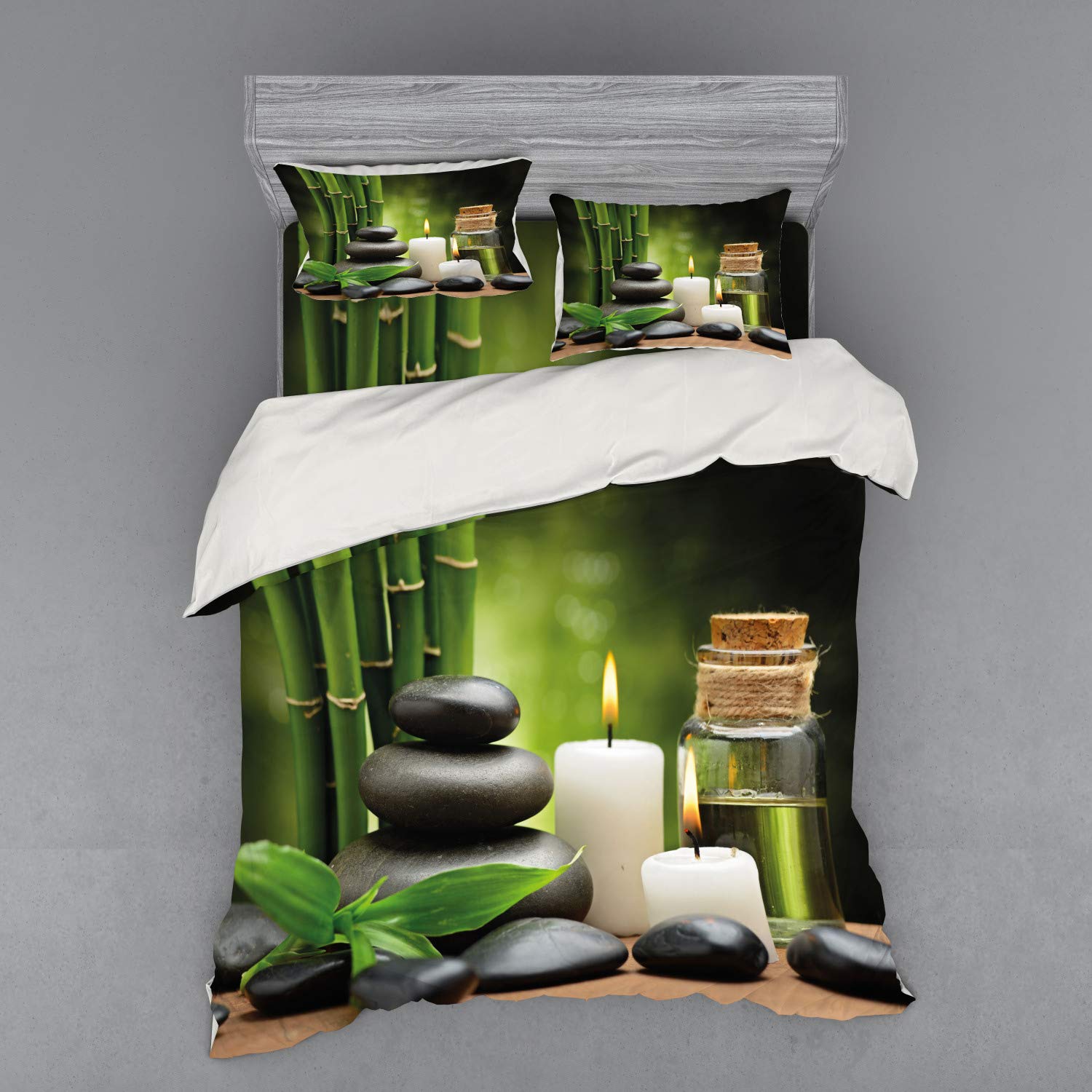 Ambesonne Spa Themed Duvet Cover Set - Exotic Rocks Candles & Tropical Trees Landscape Print on Blurry Background, 3-Piece Queen Size Bedding Set with Sham & Fitted Sheet, White Black Green - Perfect for Relaxing Spa Nights & Tropical Bedroom Decor