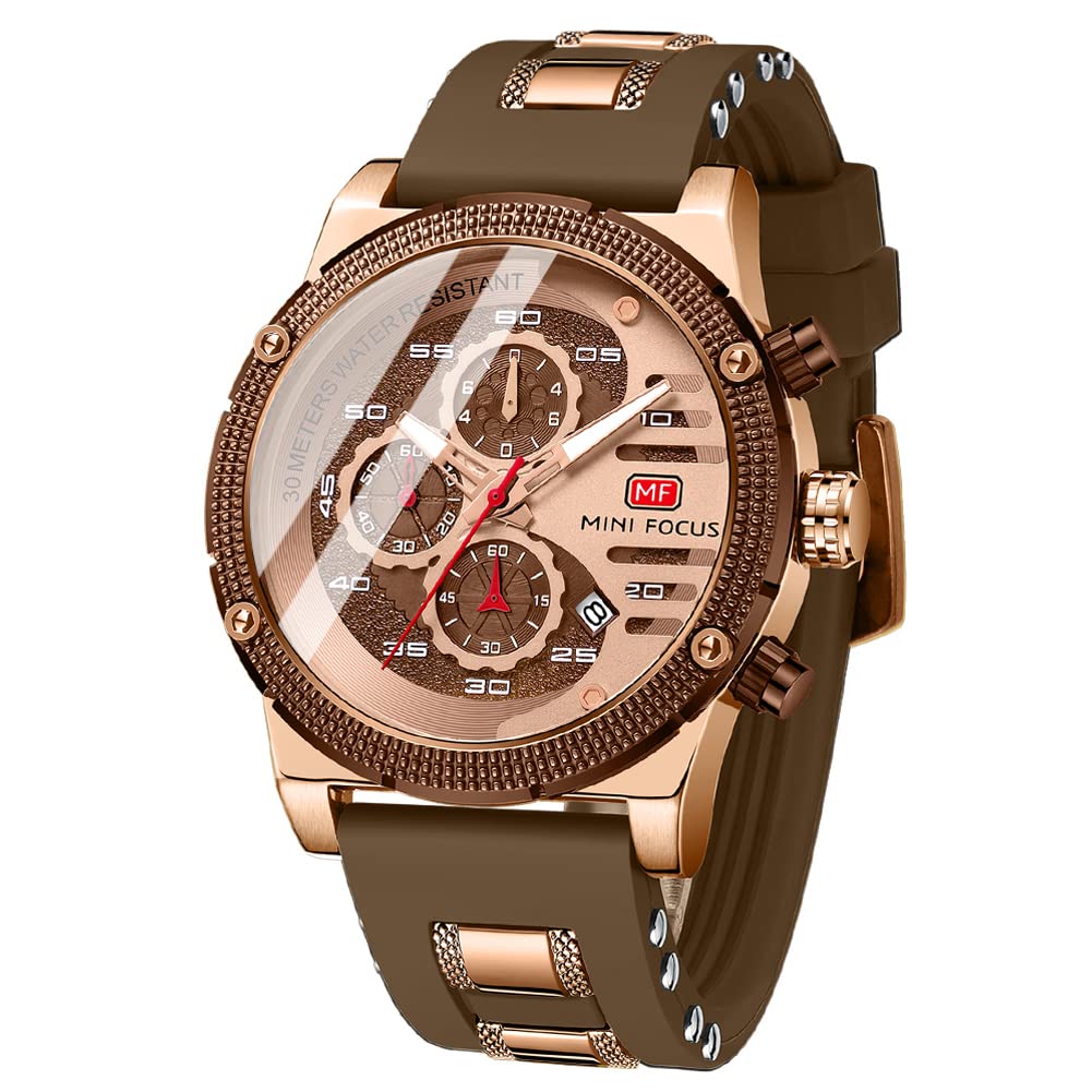 MF MINI FOCUS Men's Chronograph Waterproof Sports Watch - Analog Quartz Wristwatch with Silicone Strap - Durable Fashion Watch for Men - Perfect for Running, Swimming & Outdoor Activities