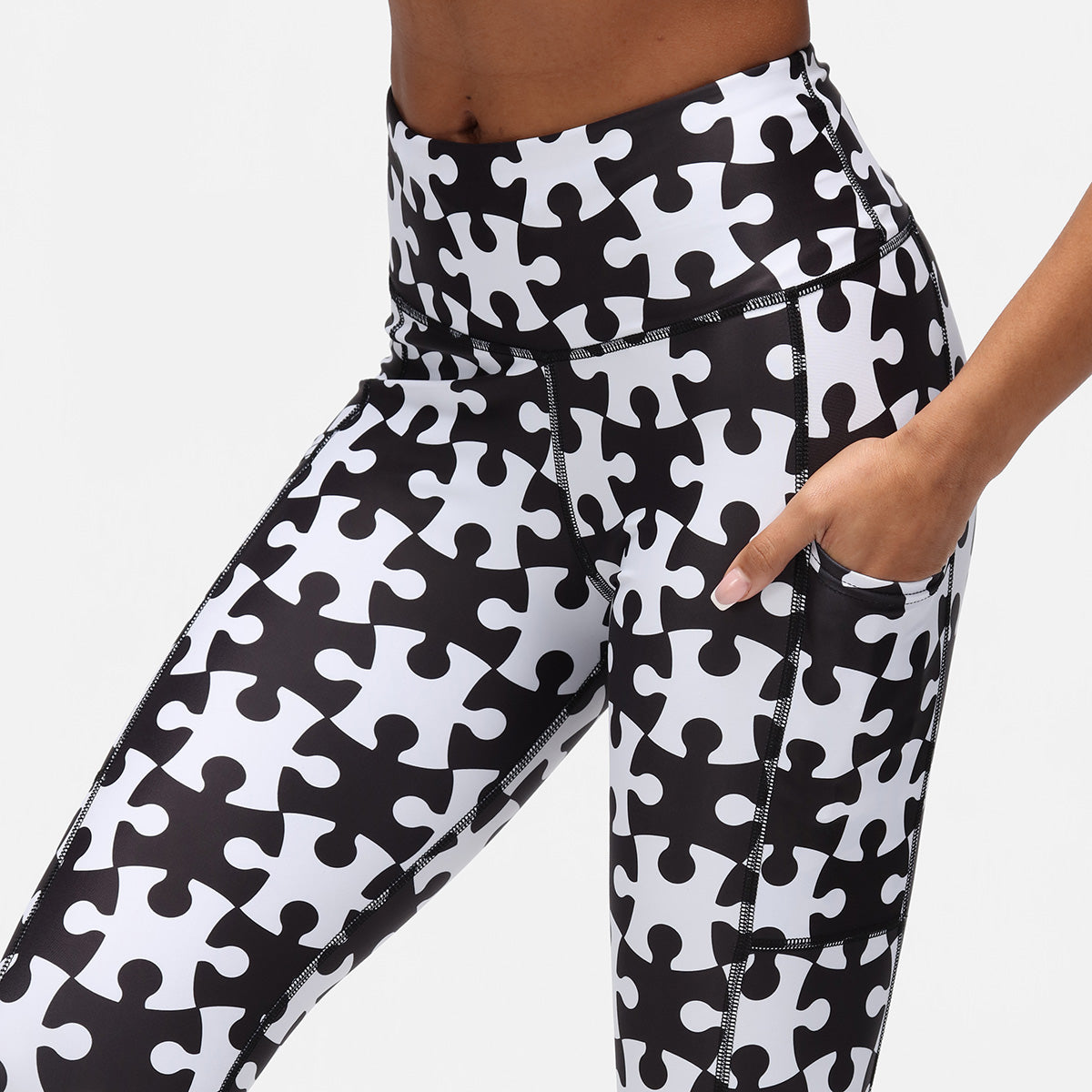 Monochrome Jigsaw Capri Pants - High Waisted Stretchy Yoga Pants for Women - Perfect for Yoga, Workouts & Casual Wear