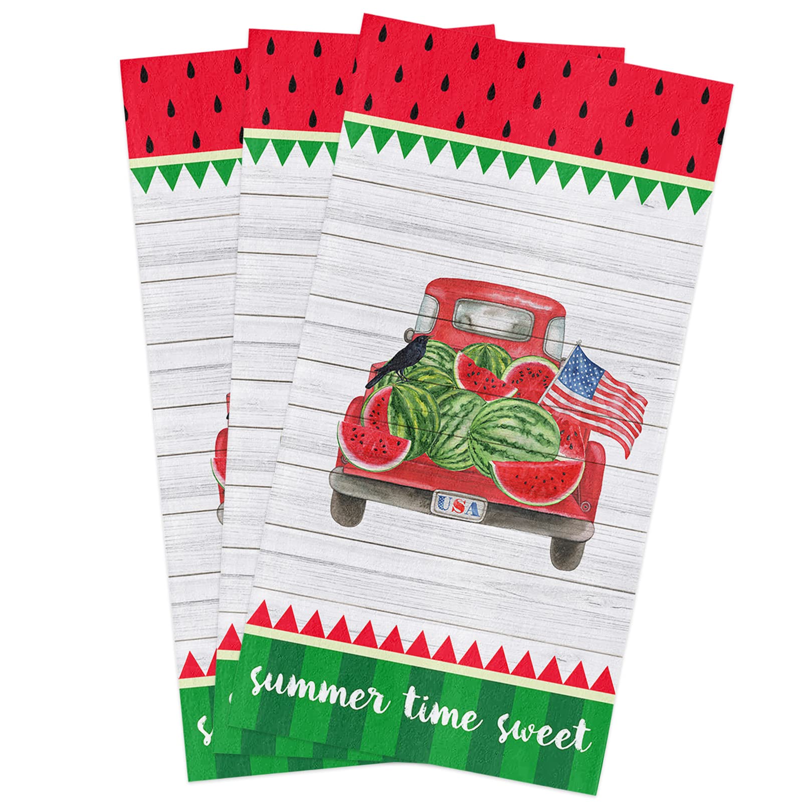 Super Soft & Absorbent Cotton Kitchen Towels - 3 Pack (18x28 Inch) for Drying Dishes, Hands & Tea | Patriotic Watermelon Truck Design | Perfect for 4th of July, BBQs & Everyday Kitchen Use