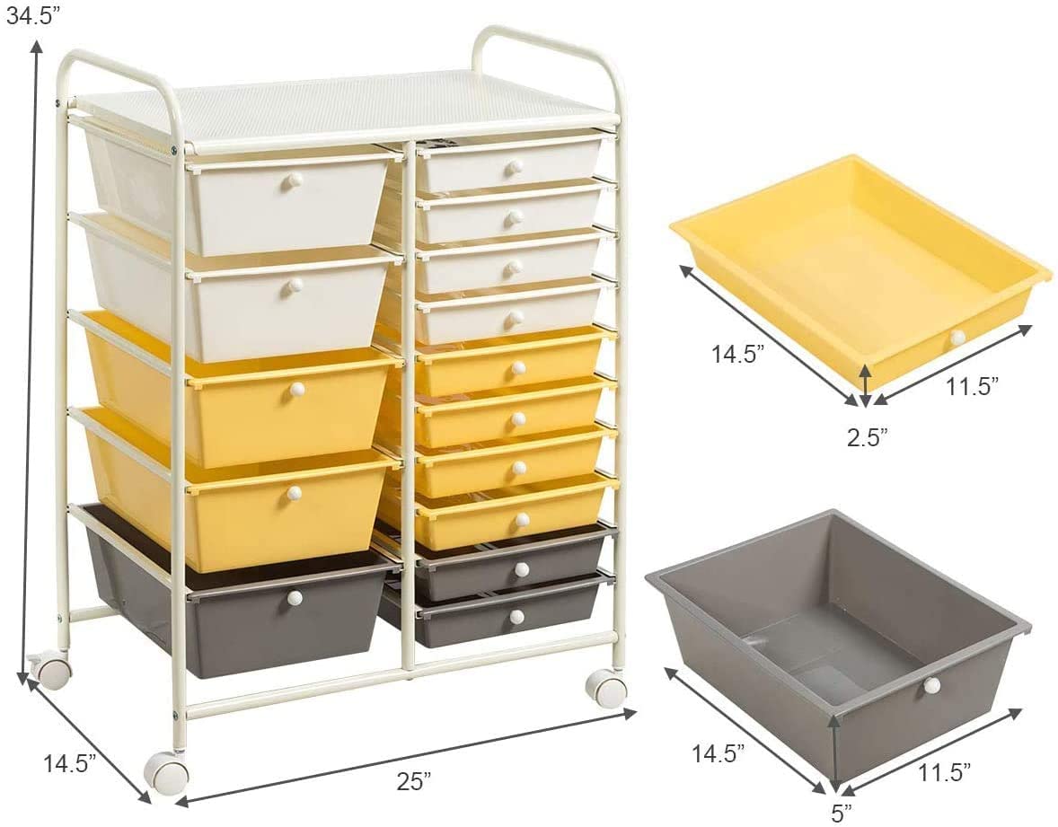 HAPPYGRILL 15-Drawer Rolling Storage Cart with Wheels - Mobile Organizer for Tools, Office Supplies, School & Craft Room - Perfect for Home, Office & Classroom Organization