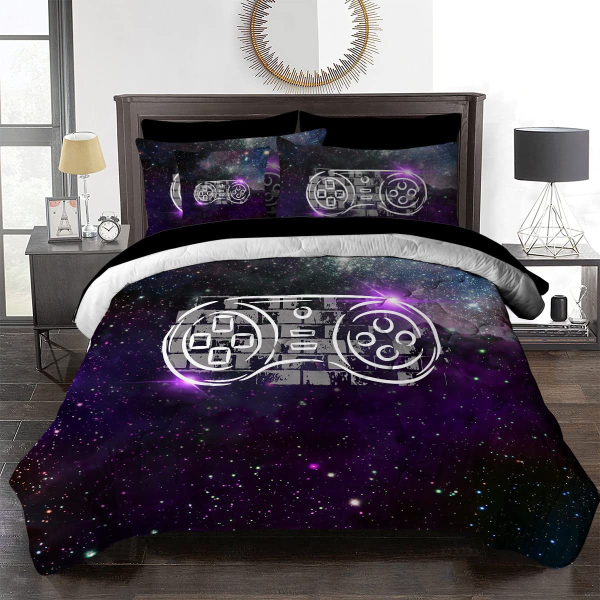 **BlessLiving Gamer Controller King Bedding Set for Boys - 8-Piece Outer Space Retro Video Game Comforter Set with Sheets, Purple Galaxy Theme | Perfect for Kids' Bedrooms, Gaming Rooms & Sleepovers**