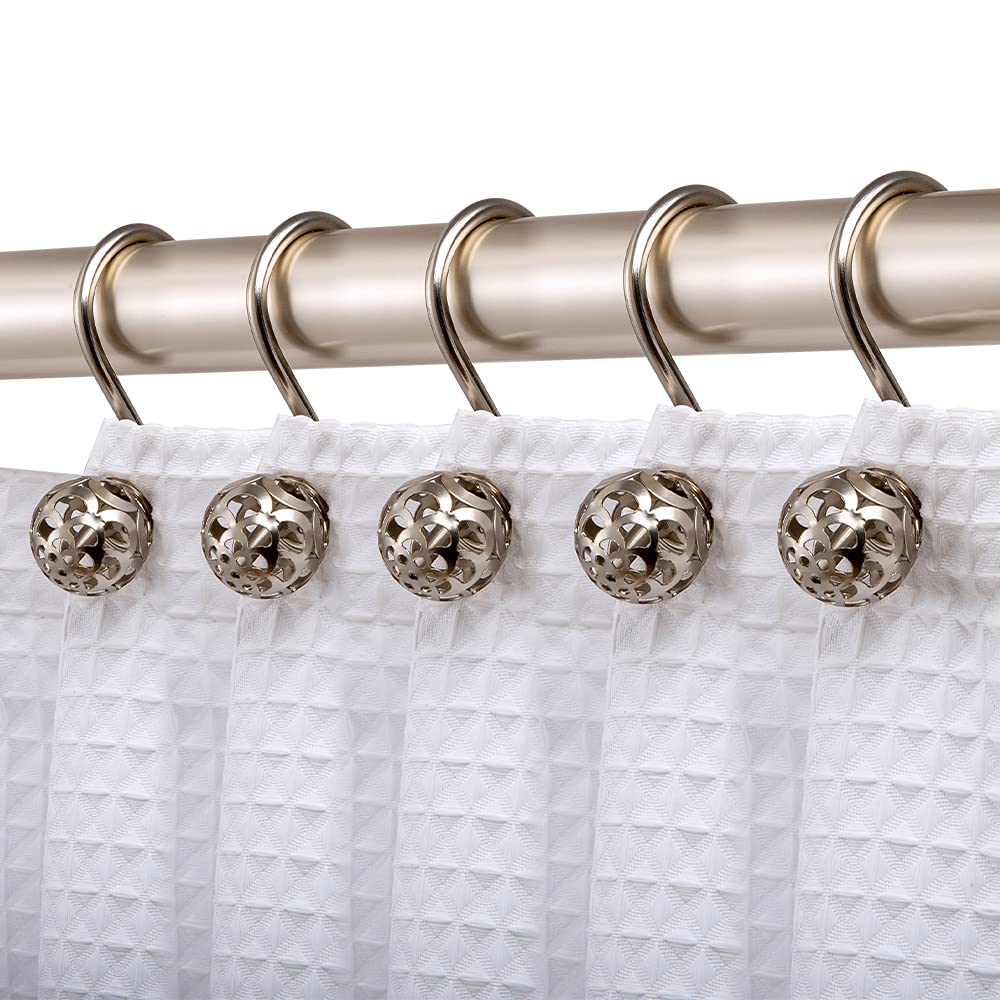 Utopia Alley Shower Rings - 12 Pack Hollow Ball Shower Curtain Hooks for Bathroom, Rust-Resistant Metal Shower Hooks in Brushed Nickel - Perfect for Modern Bathrooms, Dorms and Apartments