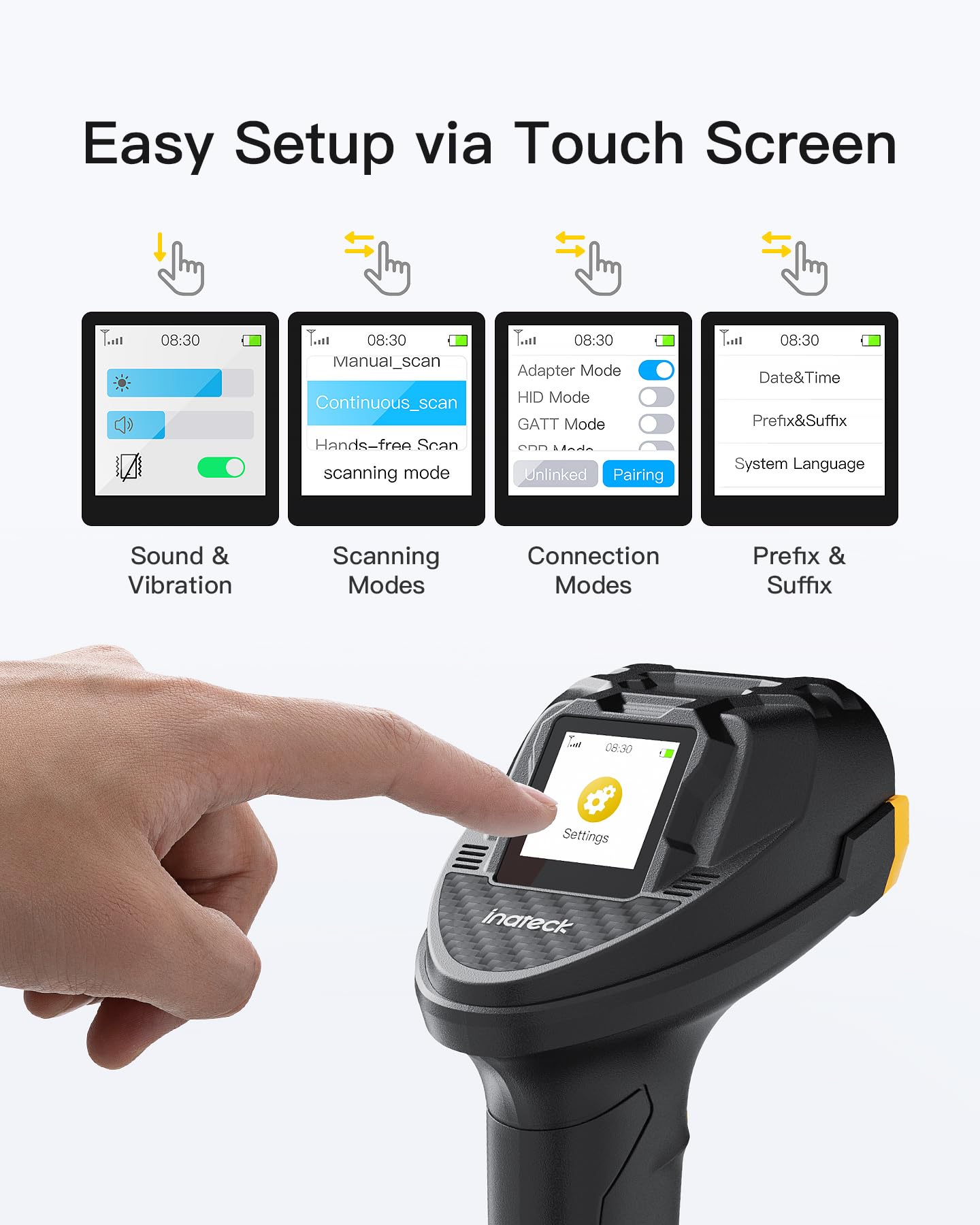 Inateck Wireless Bluetooth Barcode Scanner - 2D/1D Handheld QR Code Reader with Touchscreen & Smart Base | CMOS+CCD Dual Modules | Extended Scanning Range | App SDK Support | Model P8 | Perfect for Retail Stores, Warehouses, and Inventory Management