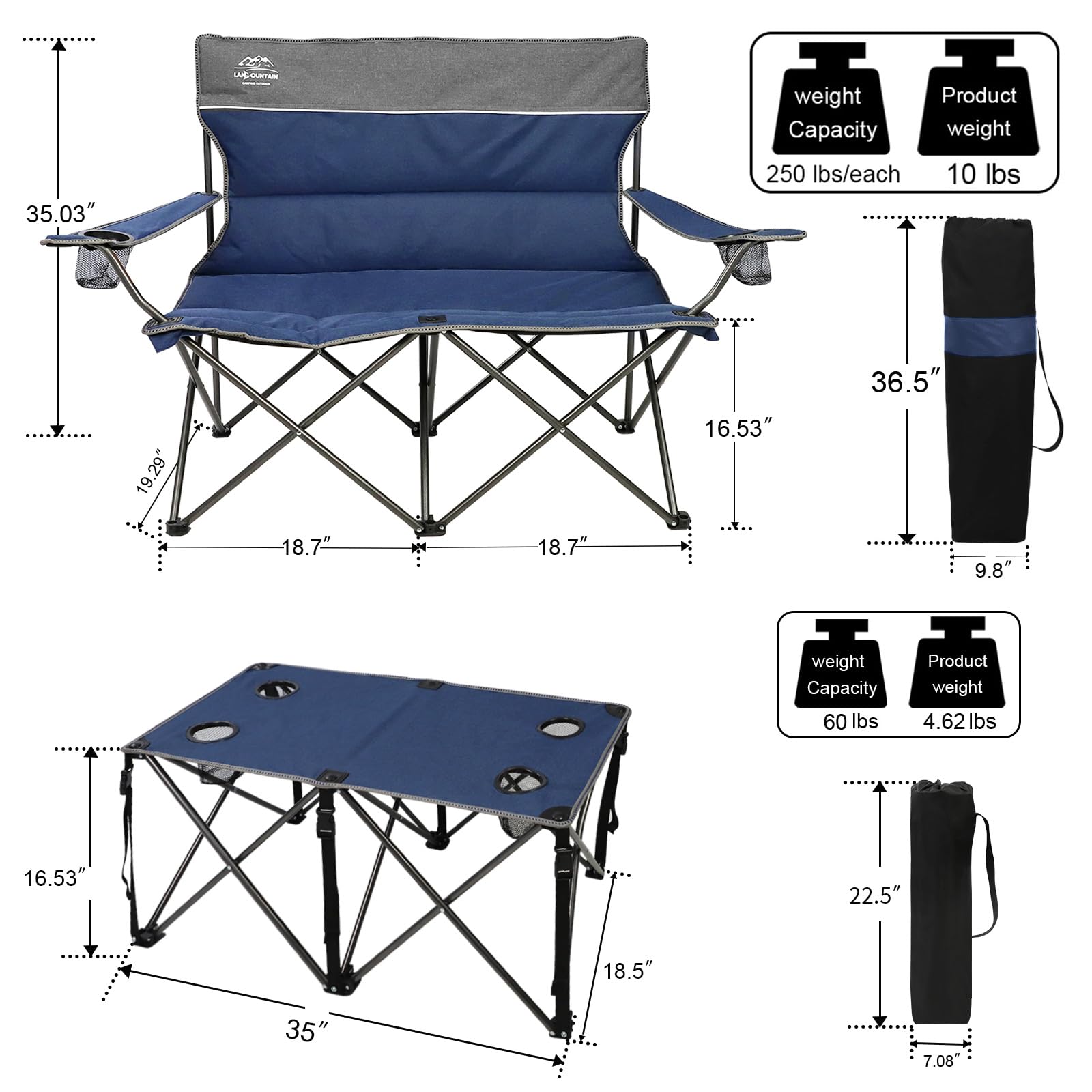 LANMOUNTAIN 4-Piece Portable Camping Chair Set with Side Table & Cup Holders - Heavy Duty Folding Lawn Chairs for Outdoor, Picnic, Beach, Backyard, and Tailgating - Comfortable Loveseat Design Perfect for Family Gatherings, Camping Trips, and Outdoor Events