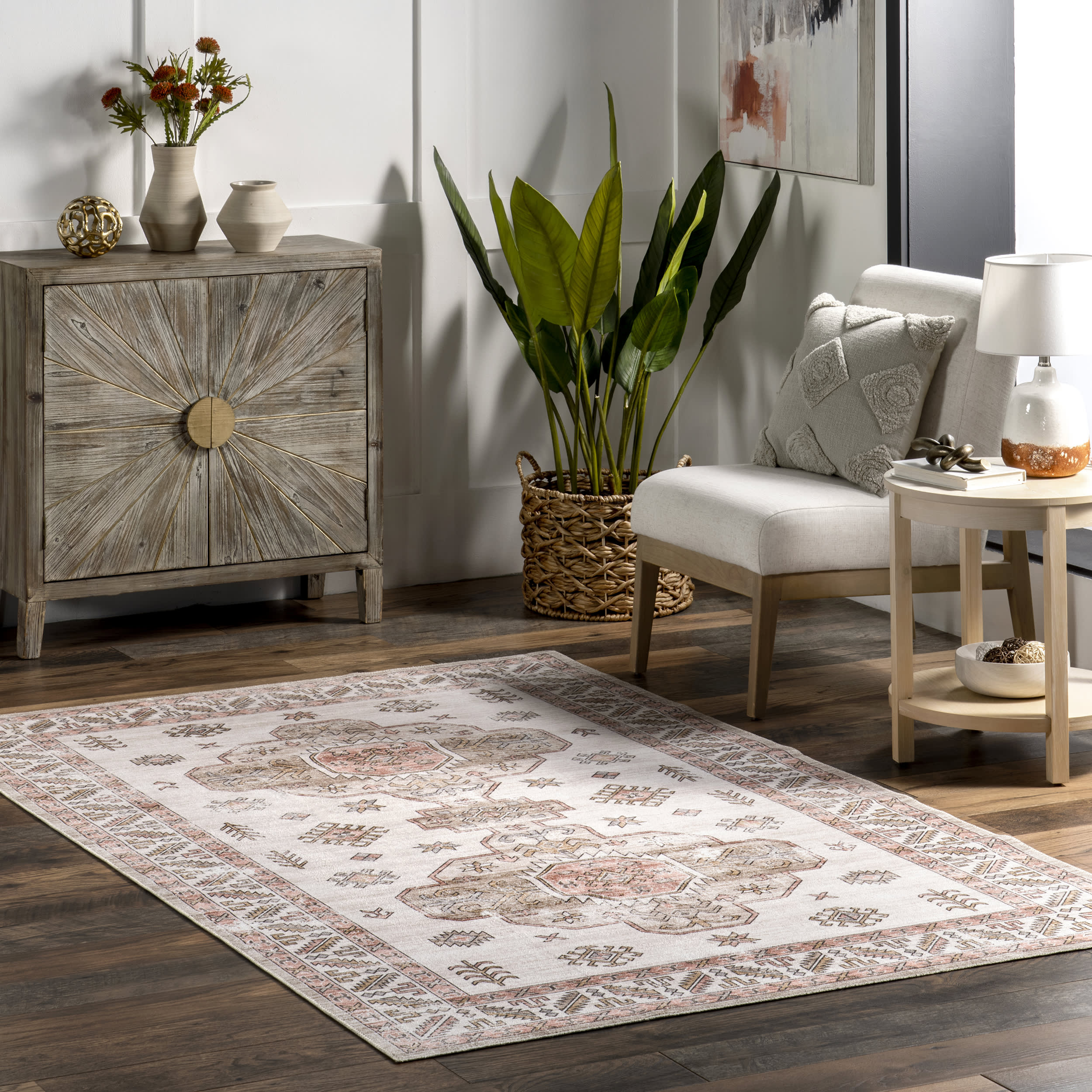 Eboni Traditional Washable Rug - Soft Beige Area Rug for Living Room, Bedroom & Dining Room | Machine Washable & Stain Resistant