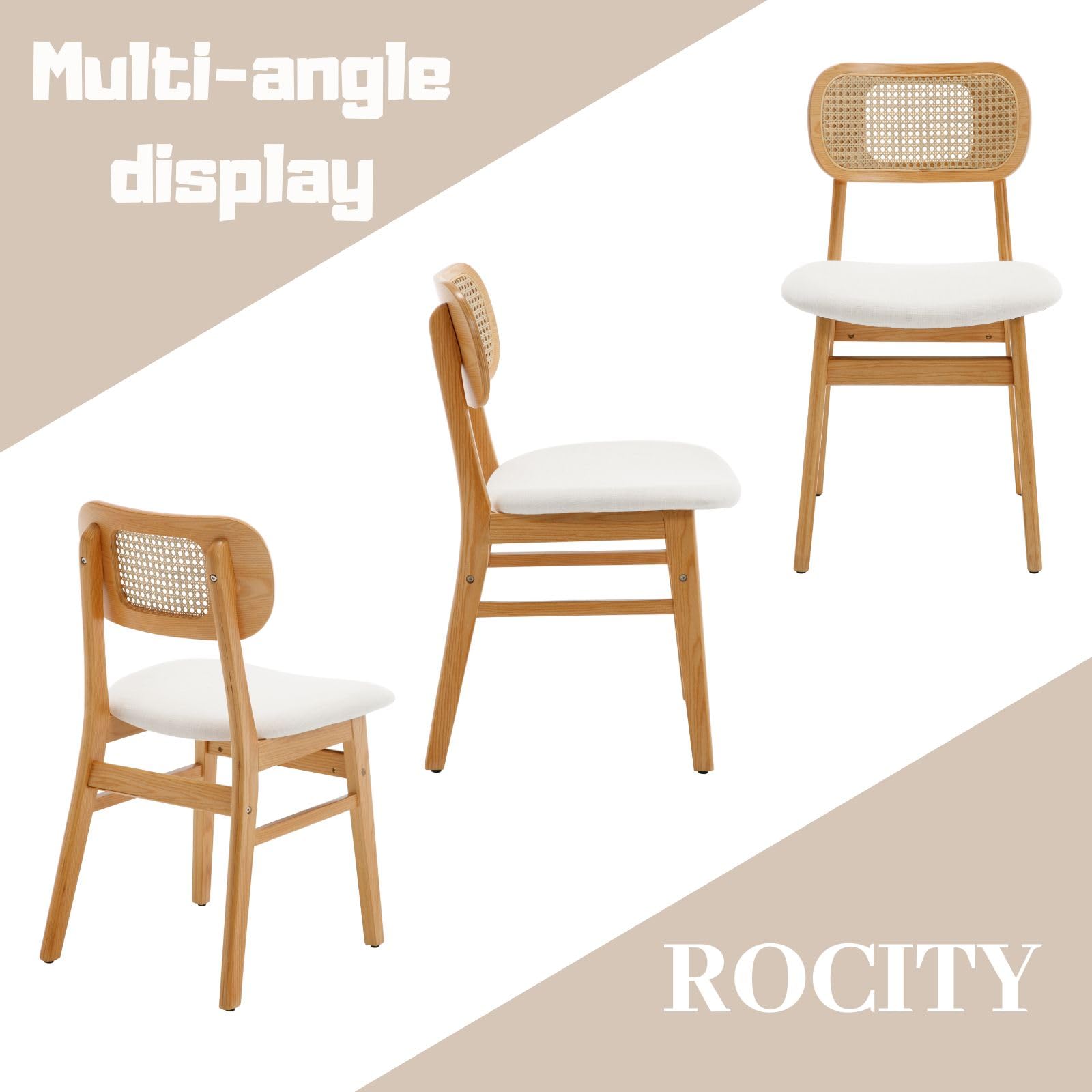 2 Pack Rattan Dining Chairs - Beige Linen Upholstered Farmhouse Kitchen Chairs with Natural Wood Frame | Boho Style Side Chairs for Dining Room, Breakfast Nook & Outdoor Patio