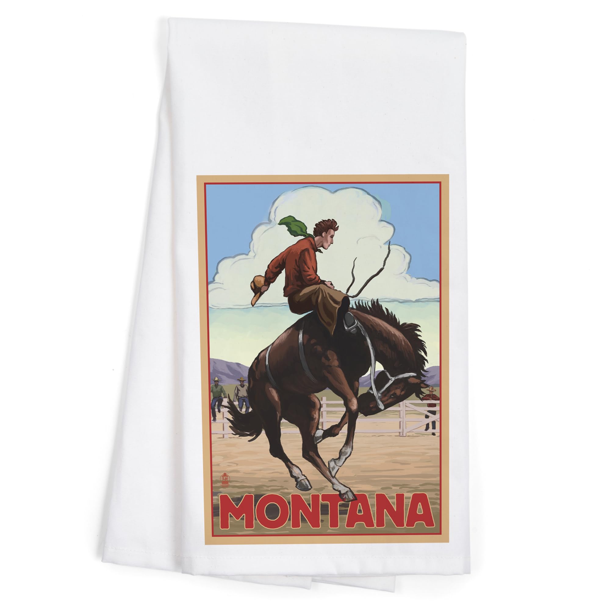 Lantern Press Montana Cowboy and Bronco Scene - 100% Cotton Tea Towel | Decorative Hand Towel for Kitchen, Bathroom & Home Decor | Perfect for Farmhouse, Western or Rustic Themed Spaces