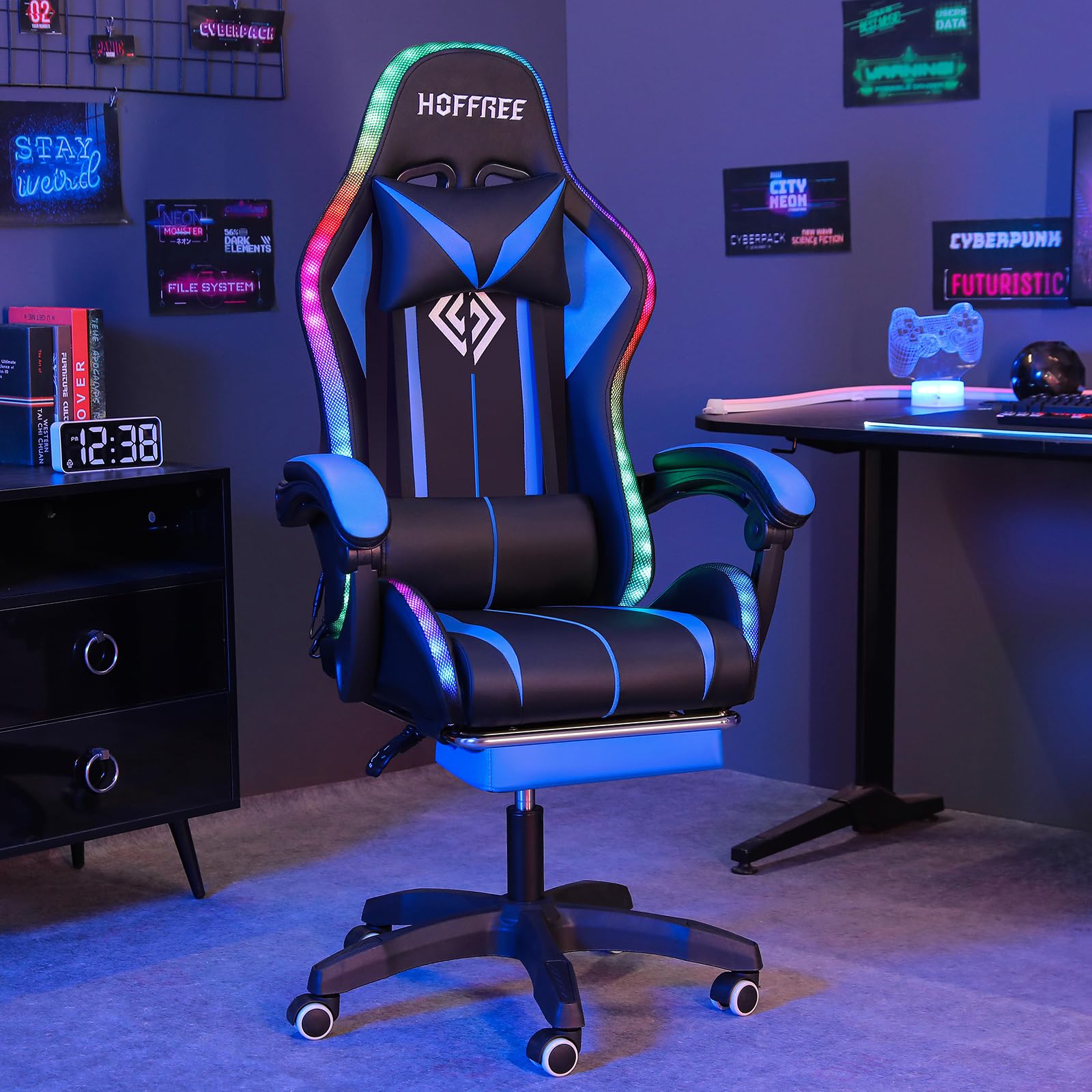 Ergonomic Gaming Chair with Massage, RGB LED Lights & Footrest - Adjustable Lumbar Support High Back Computer Desk Chair for PC & Console Gamers (Blue/Black) - Perfect for Esports, Streaming & Home Office Setup