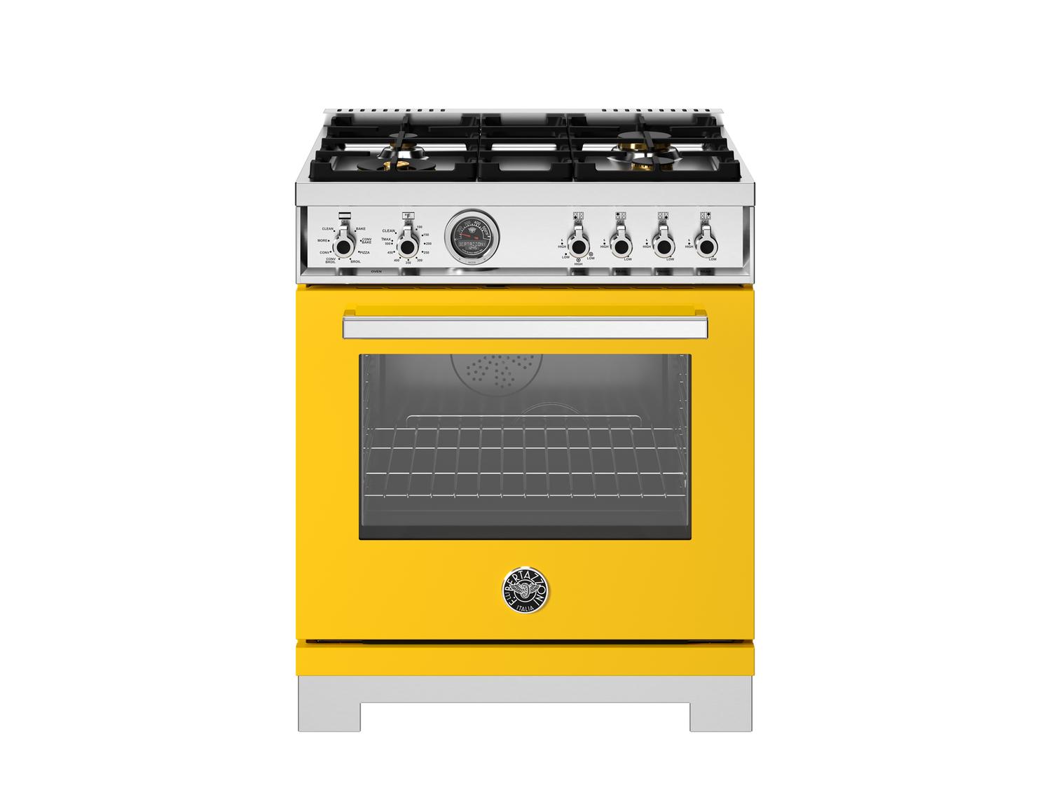 Bertazzoni PRO304BFEPGIT 30 Inch Dual Fuel Range with 4 Brass Burners & Electric Self-Cleaning Oven in Giallo - Perfect for Professional Kitchens & Home Chefs