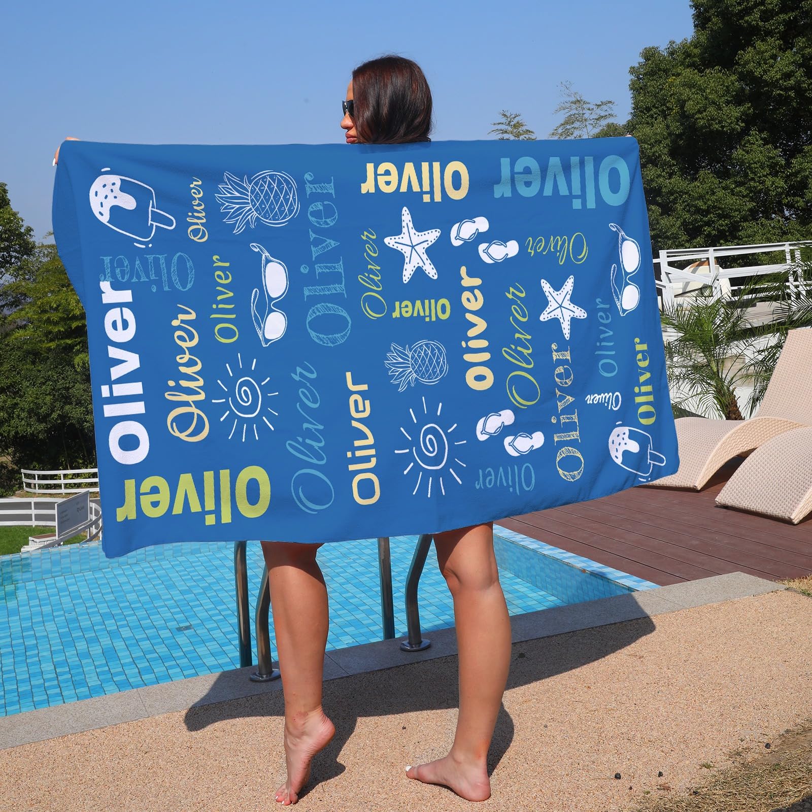 Personalized Monogrammed Beach Towels for Kids & Adults - Quick Dry Ultra Absorbent Custom Swim Towels with Names for Toddler Girls & Boys - Oversized Pool Towel for Beach, Swimming & Vacation Use