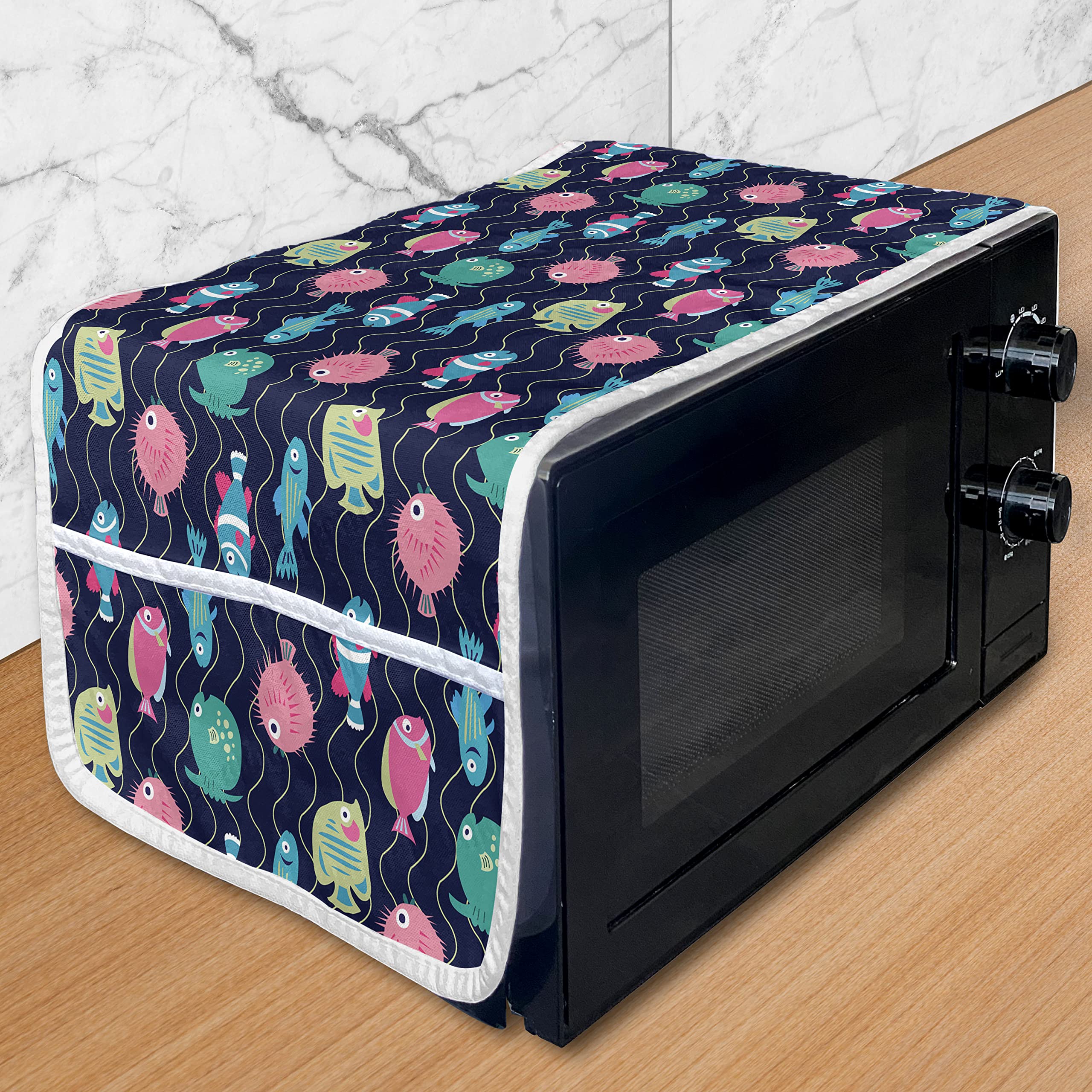 Ambesonne Waterproof Microwave Cover with Pockets - 36 x 12 Inch Funny Ocean Animal Design, Aquarium Theme Kitchen Organizer - Perfect for Beach House, Dorm Room & Coastal Decor